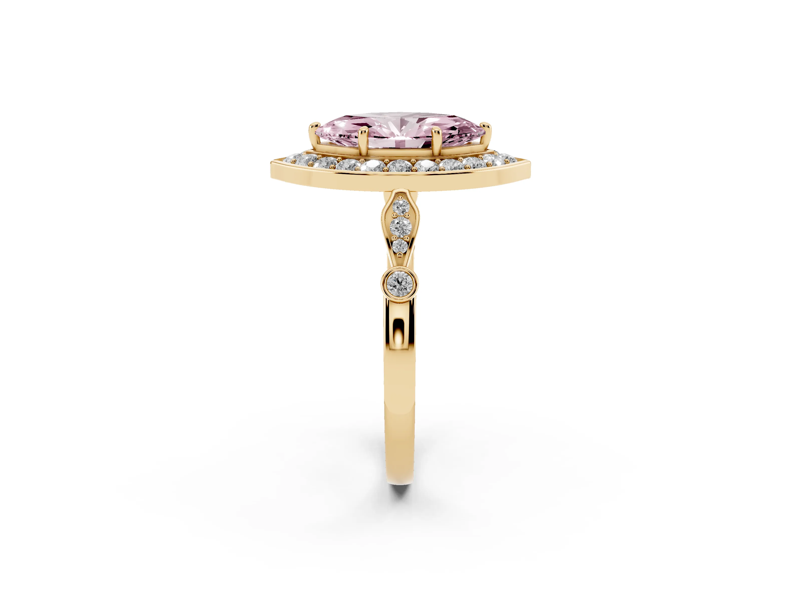 Fancy Pink Marquise Cut Diamond Halo Engagement Ring Set in Yellow gold with Twisted Band and Prong Setting