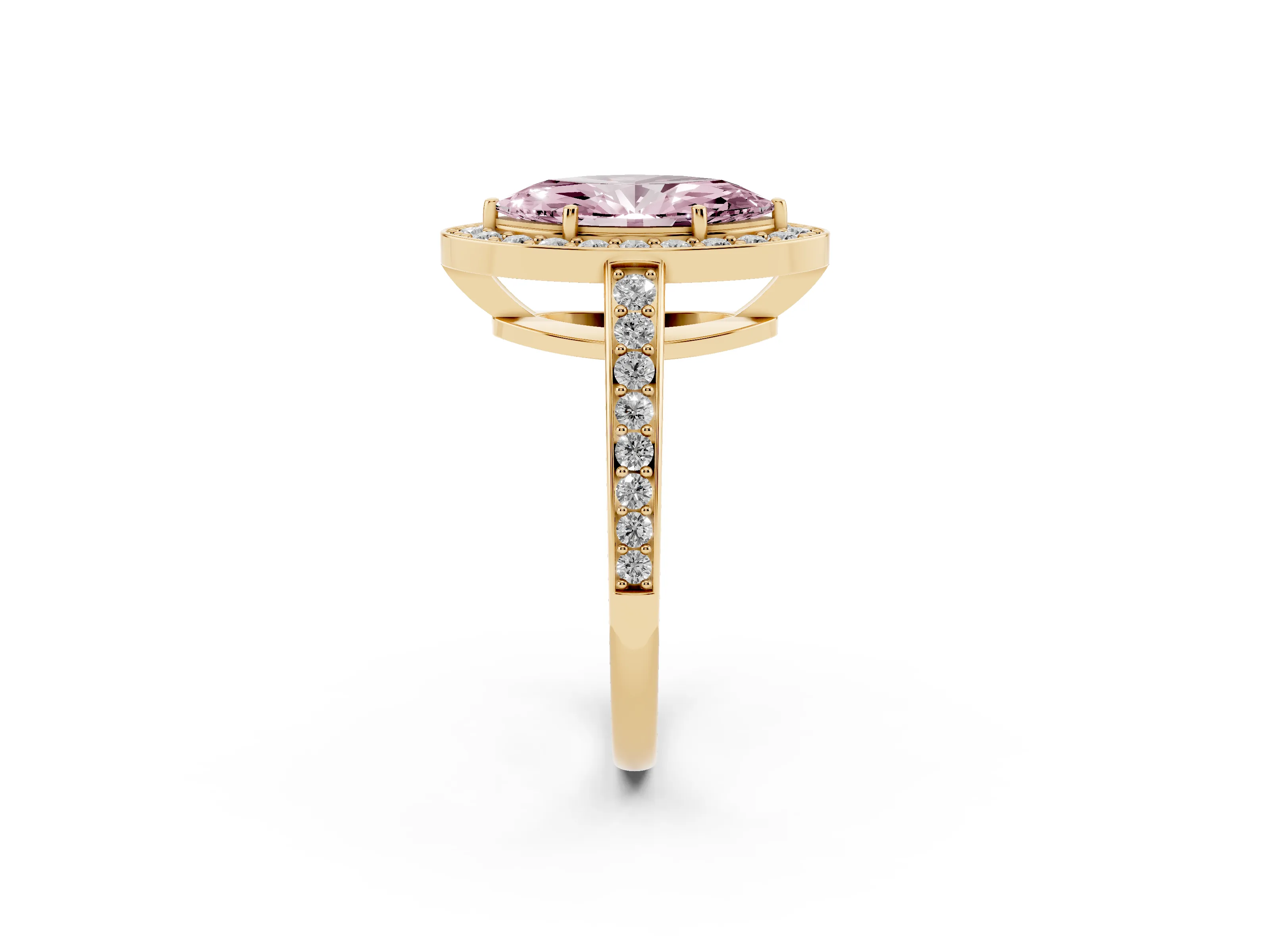 Fancy Pink Marquise Cut Diamond Halo Pavé Engagement Ring Set in Yellow gold with Bezel Setting