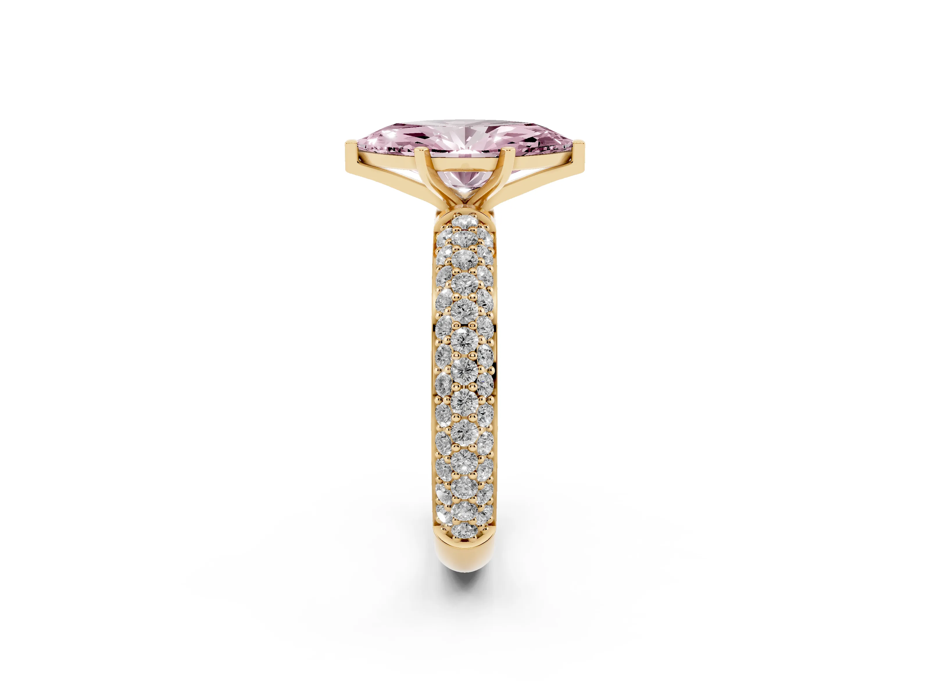 Fancy Pink Marquise Cut Diamond Solitaire Ring Set in Yellow gold with Prong Setting and Pavé-Set Band