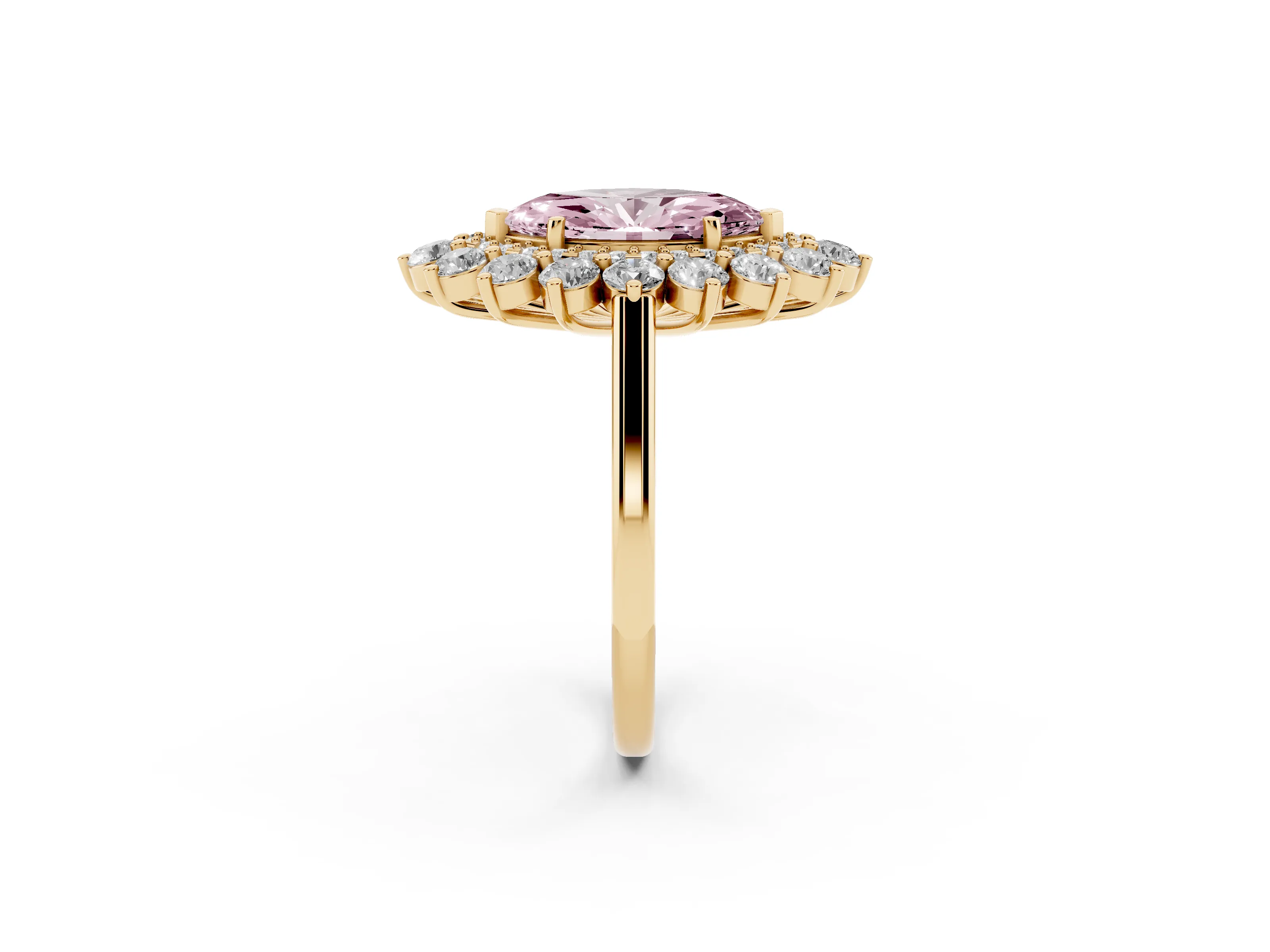 Fancy Pink Marquise Cut Diamond Floral Double Halo Ring Set in Yellow gold with Round Petals