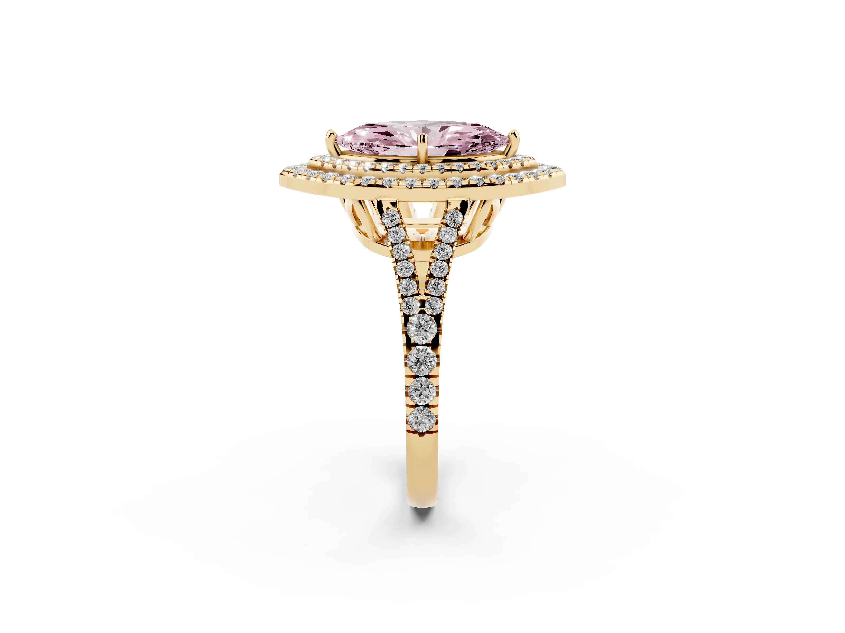 Fancy Pink Marquise Cut Diamond Double Halo Ring Set in Yellow gold with Pavé Band