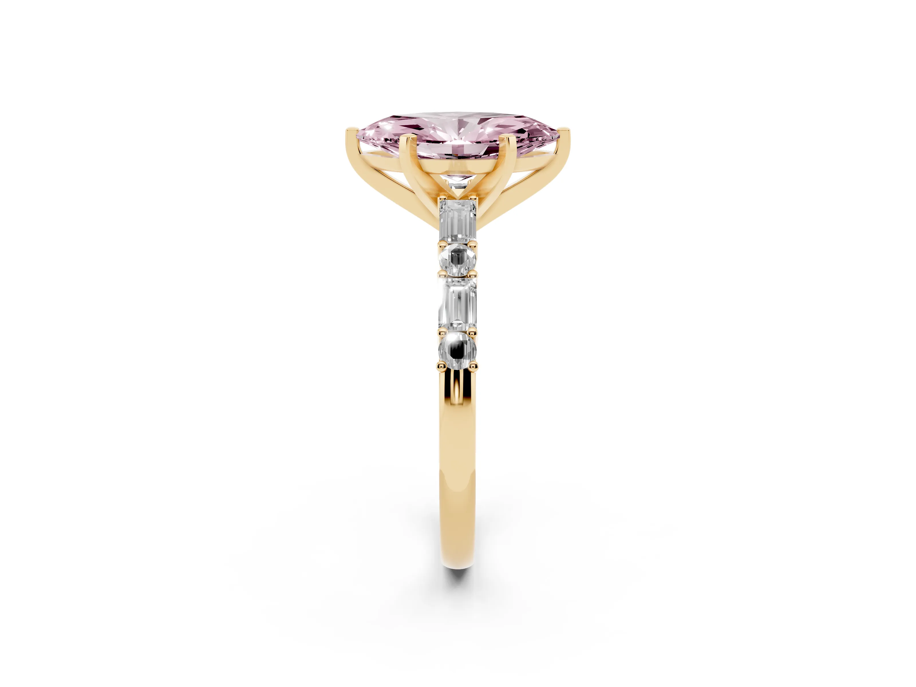 Fancy Pink Marquise Cut Diamond Solitaire Set in Yellow gold with Side Baguettes and Channel Set Band
