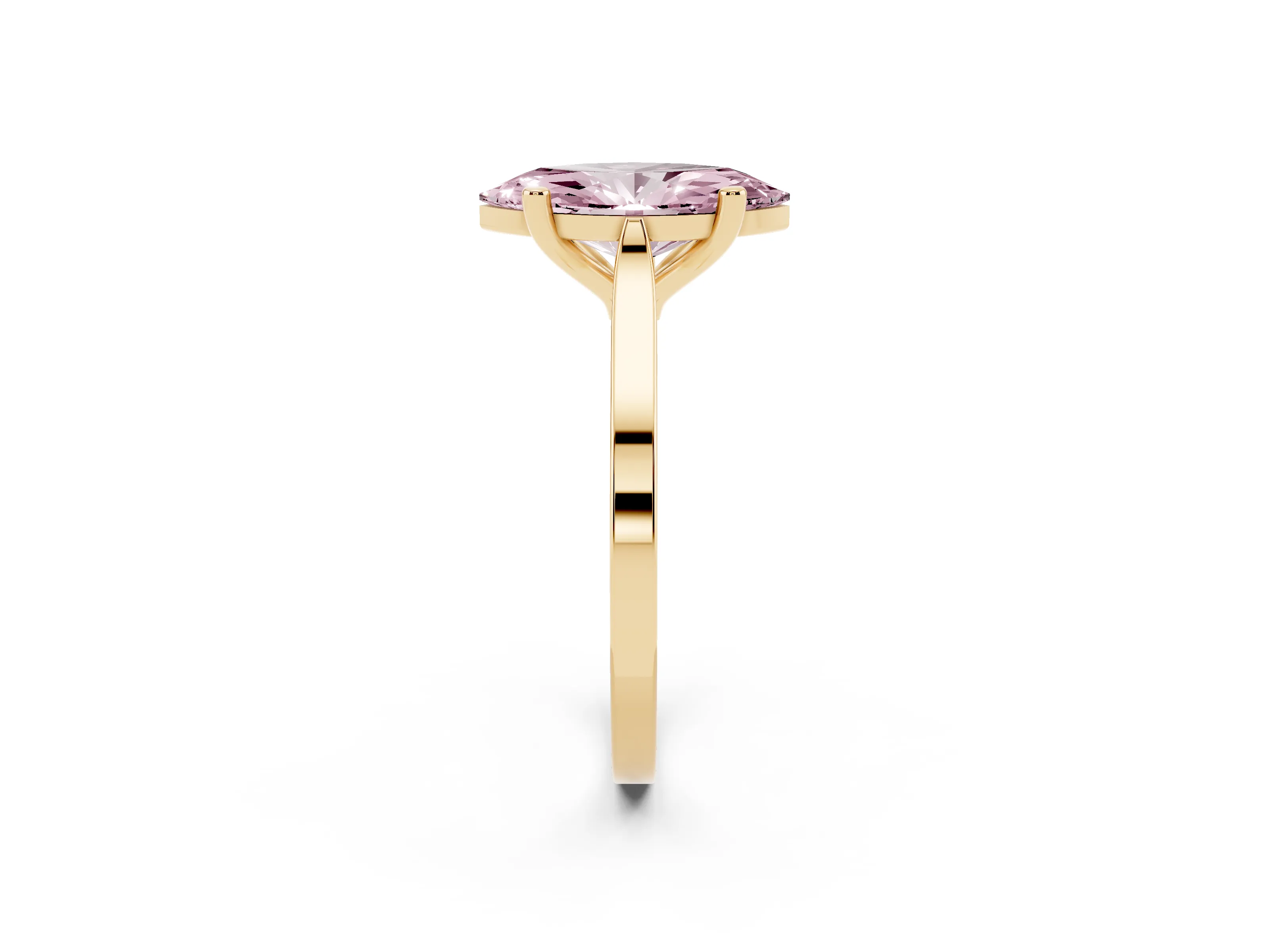 Fancy Pink Marquise Cut Diamond Solitaire Ring Set in Yellow gold with Prong Setting and Tapered Band