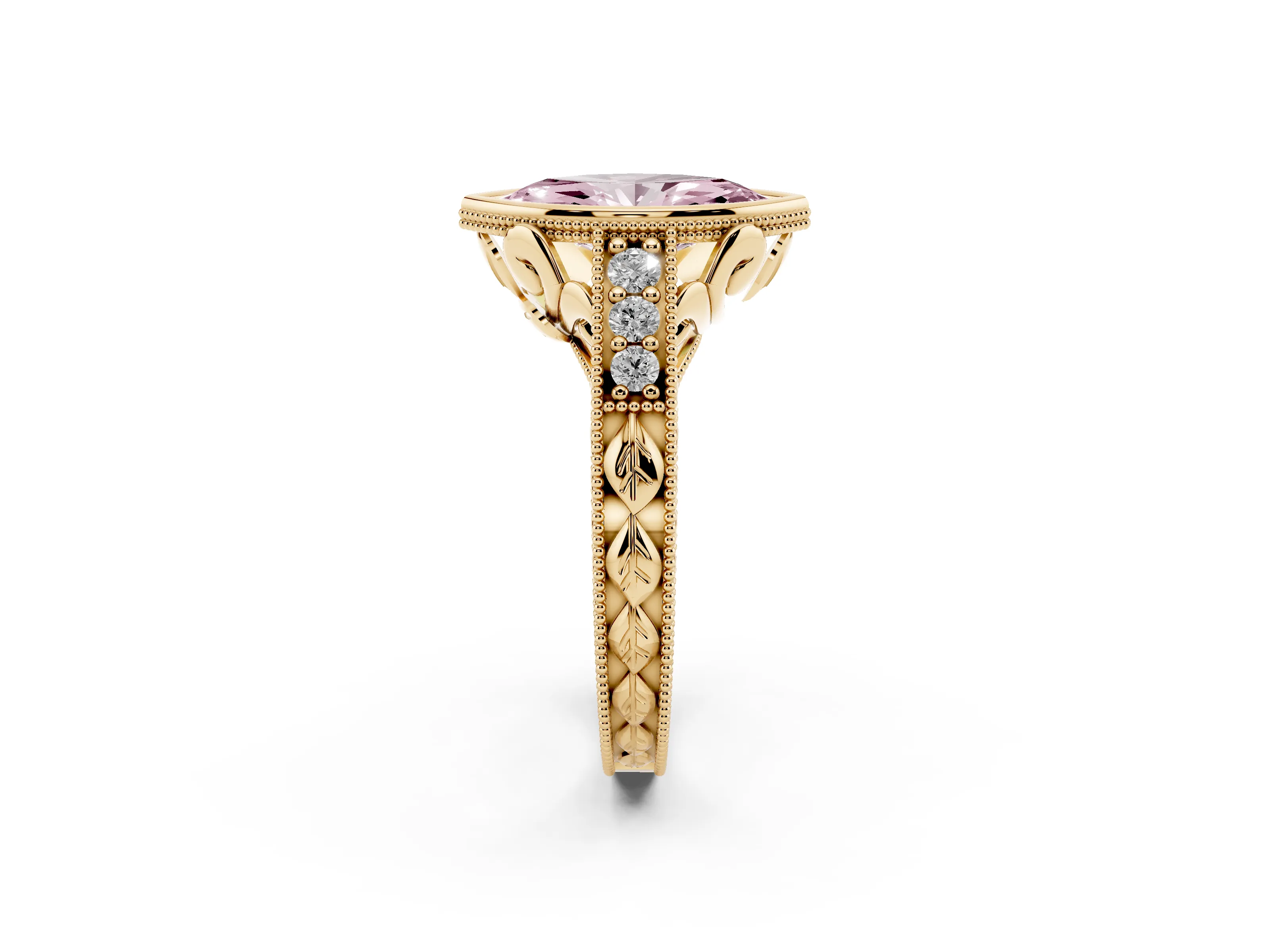 Fancy Pink Bezel Set Marquise Cut Diamond Milgrain Pavé Engagement Ring Set in Yellow gold
