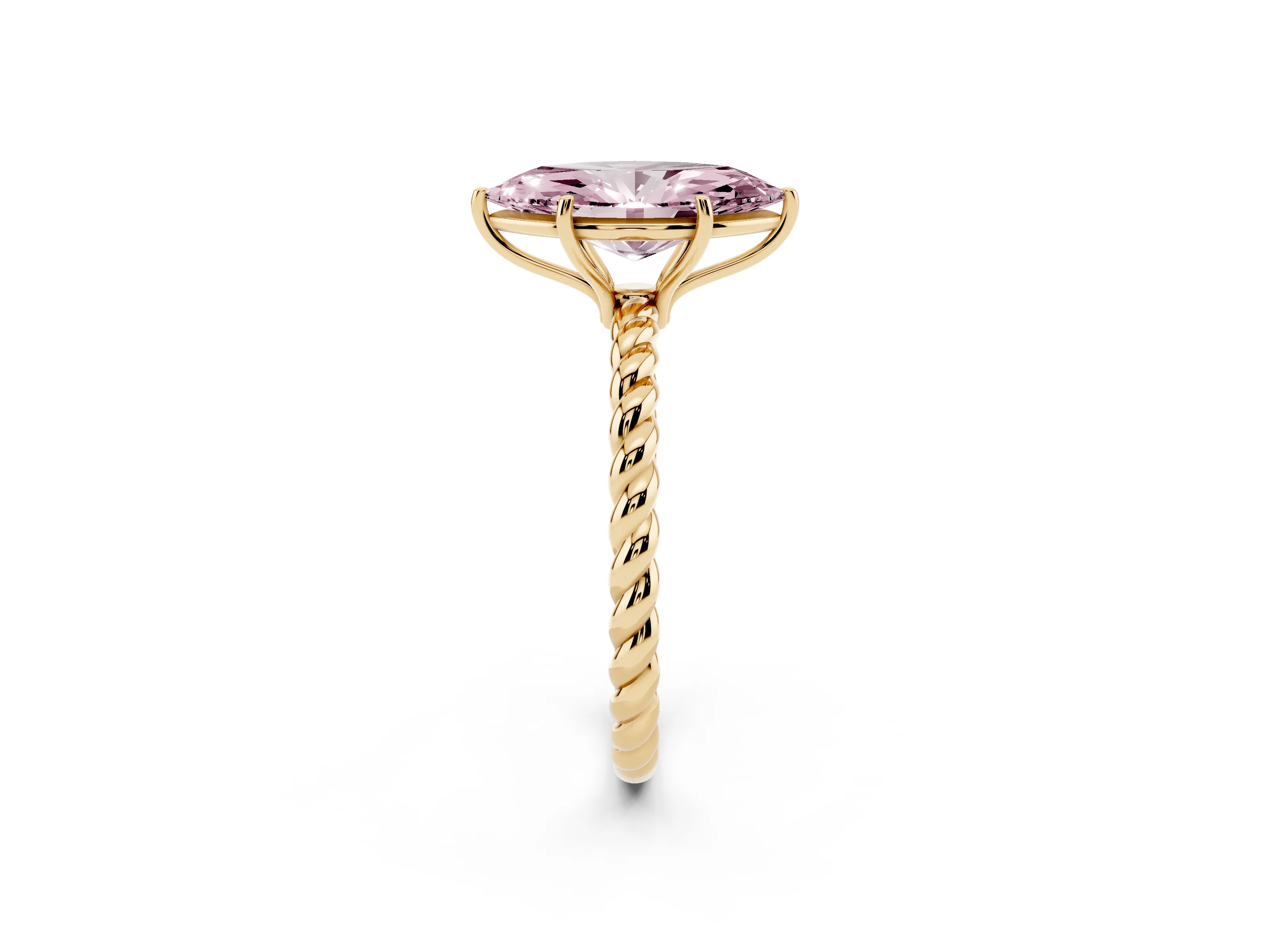 Fancy Pink Marquise Cut Diamond Solitaire Ring Set in Yellow gold with Twist Band and Prong Setting
