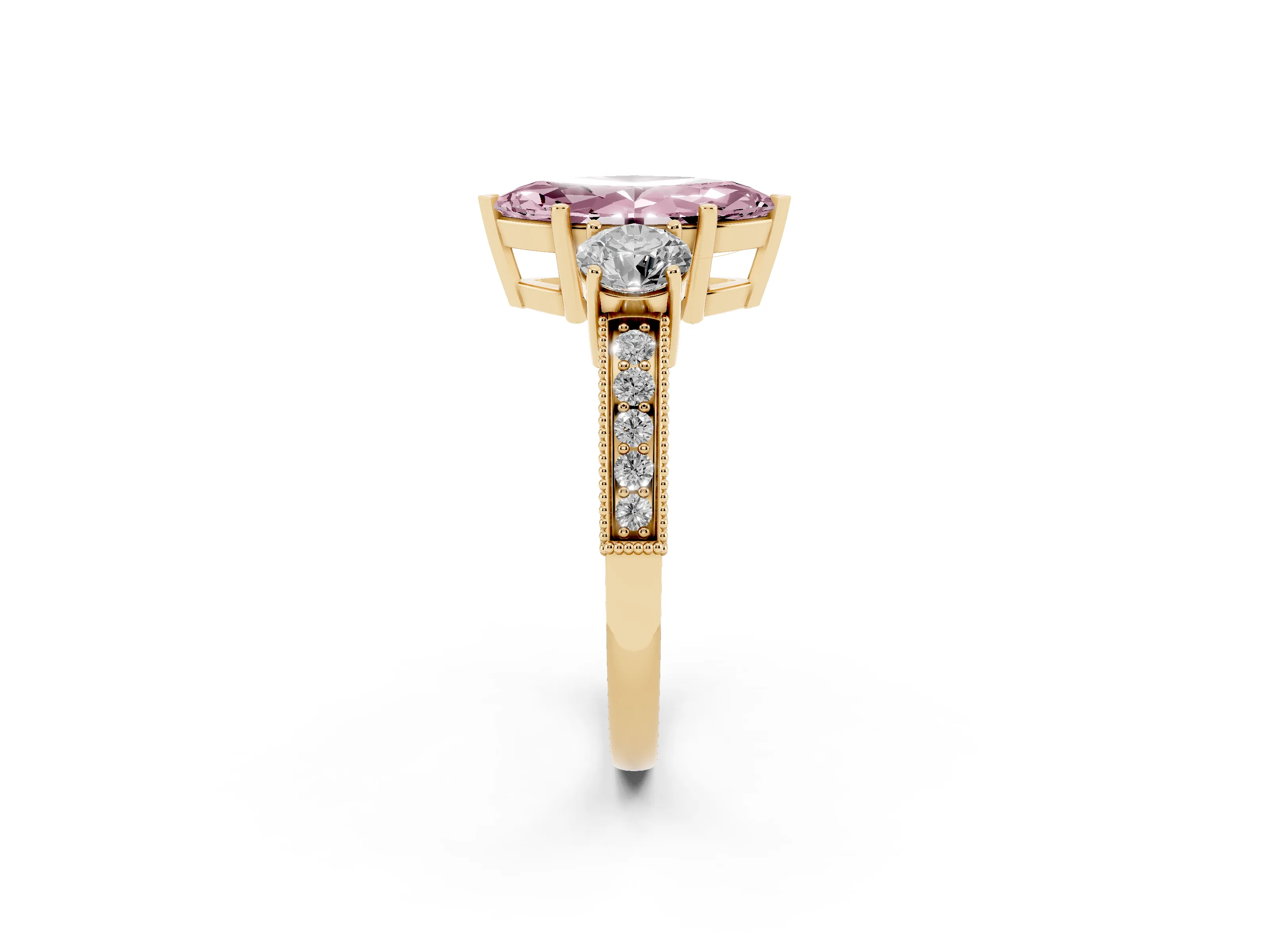 Fancy Pink Marquise Cut Diamond Three-Stone Ring Set in Yellow gold with Round Side Stones and Pavé Band