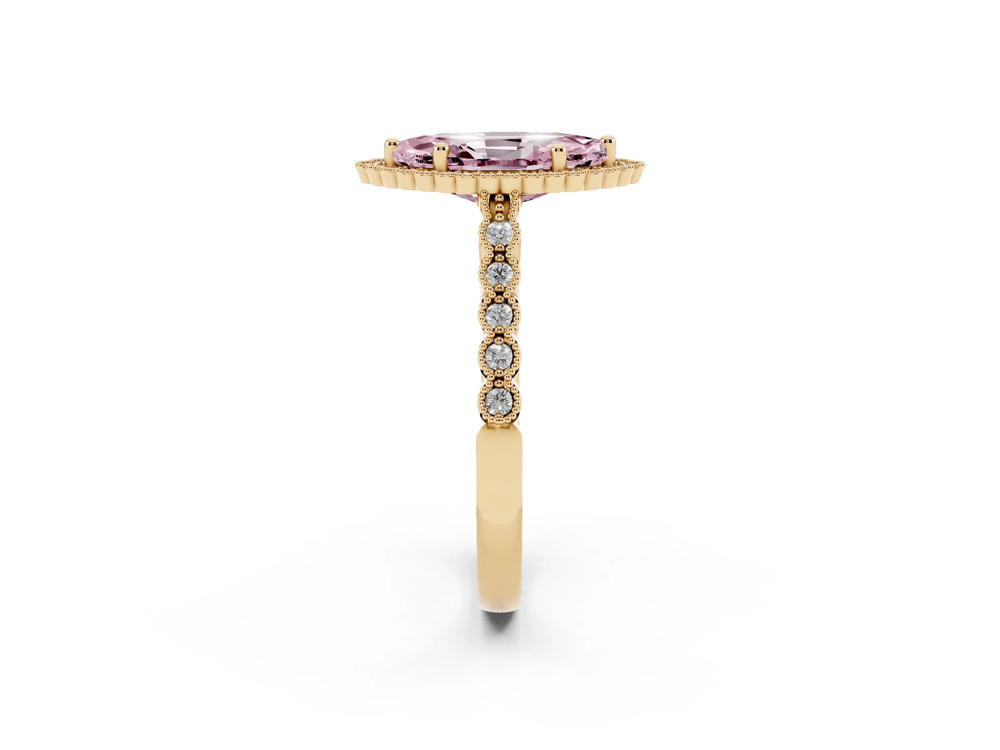 Fancy Pink Marquise Cut Diamond Halo Ring Set in Yellow gold with Pavé Milgrain Band