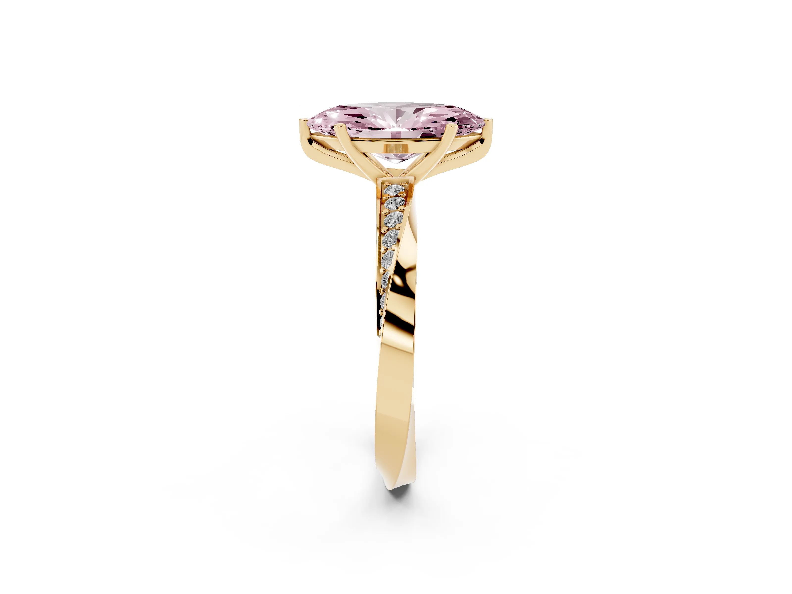 Fancy Pink Marquise Cut Diamond Engagement Ring Set in Yellow gold with Side Stone Accents and Prong Setting
