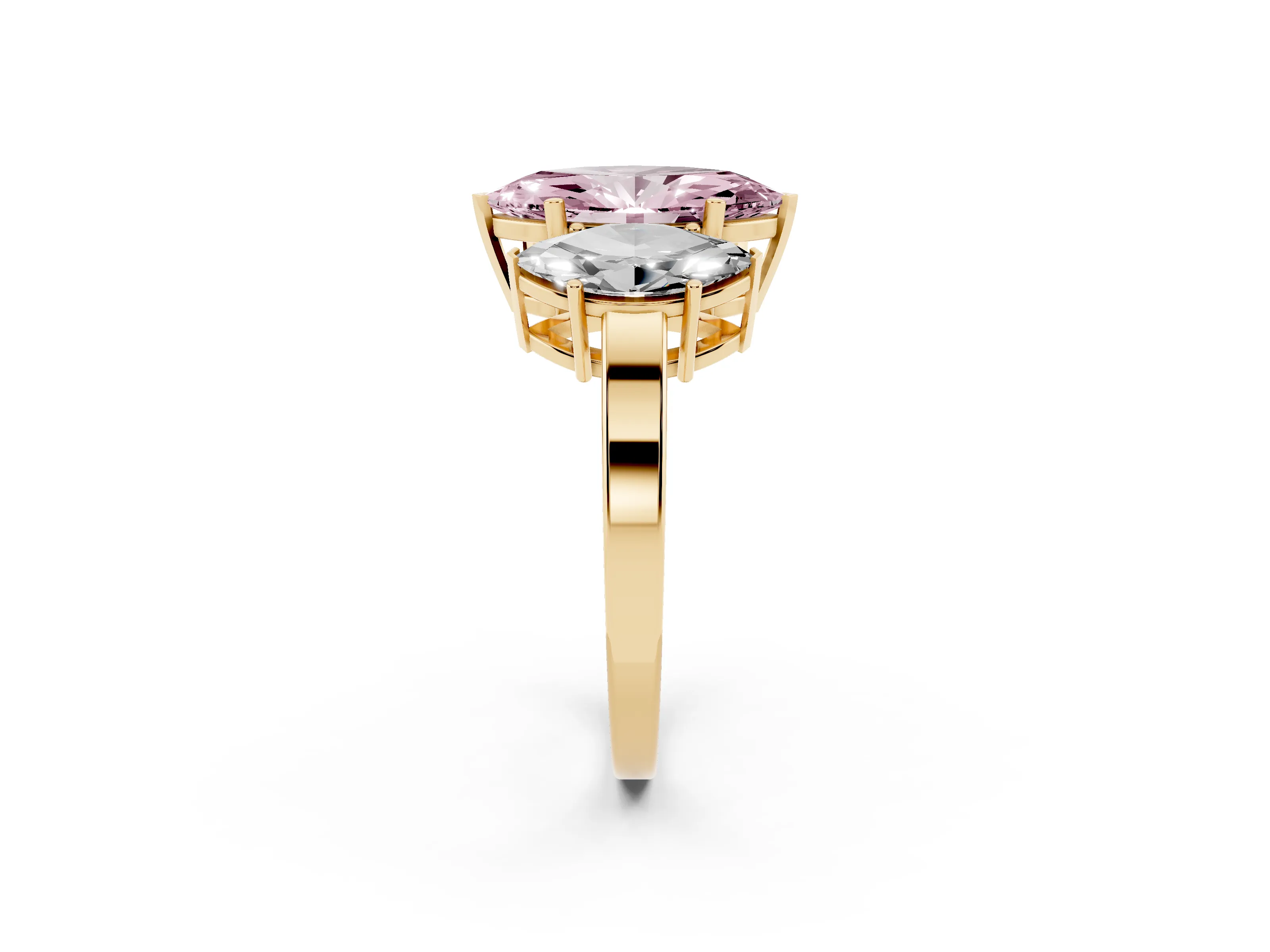 Fancy Pink Marquise Cut Diamond Three-Stone Engagement Ring Set in Yellow gold with Flat Band