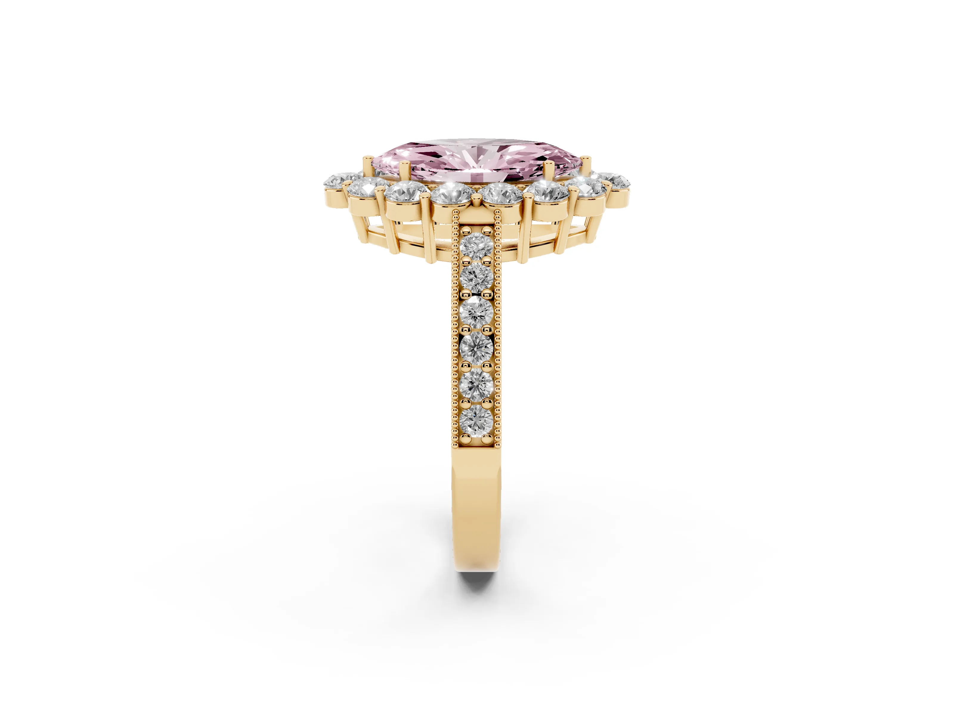 Fancy Pink Marquise Cut Diamond Halo Pavé Engagement Ring Set in Yellow gold with Milgrain Detailing