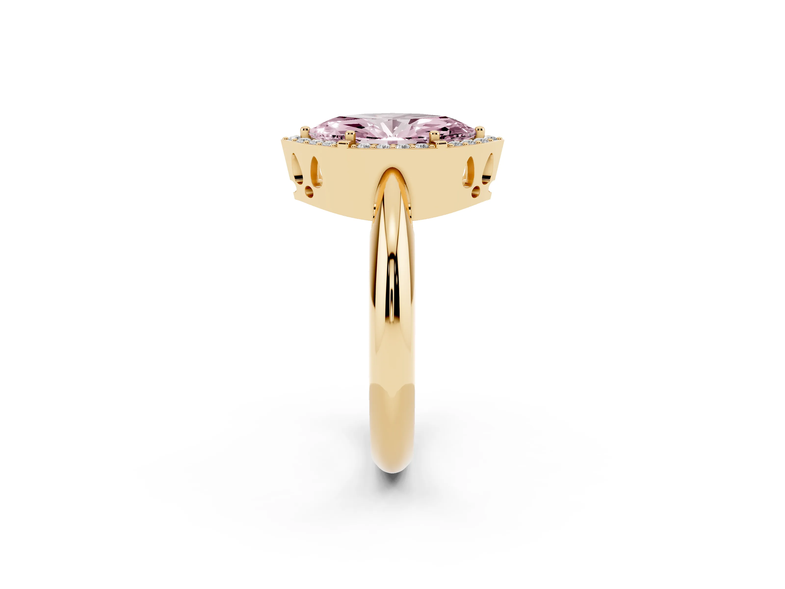 Fancy Pink Marquise Cut Diamond Halo Engagement Ring Set in Yellow gold with Plain Split Shank and Prong Setting