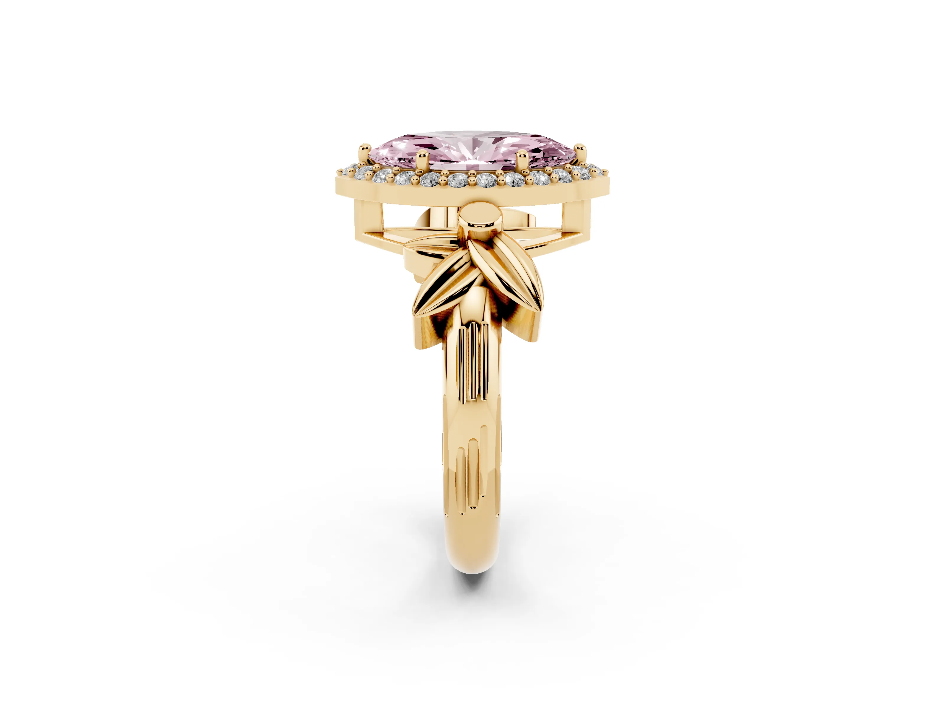 Fancy Pink Marquise Cut Diamond Halo Floral Band Ring Set in Yellow gold with Prong Setting