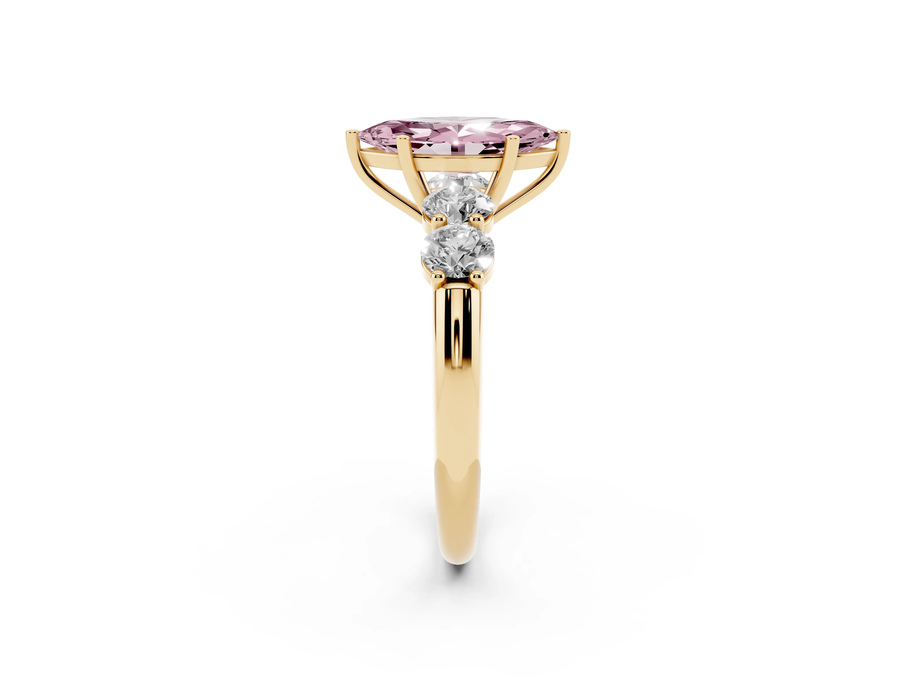 Fancy Pink Marquise Cut Diamond Five-Stone Prong Set Ring Set in Yellow gold with Classic Band