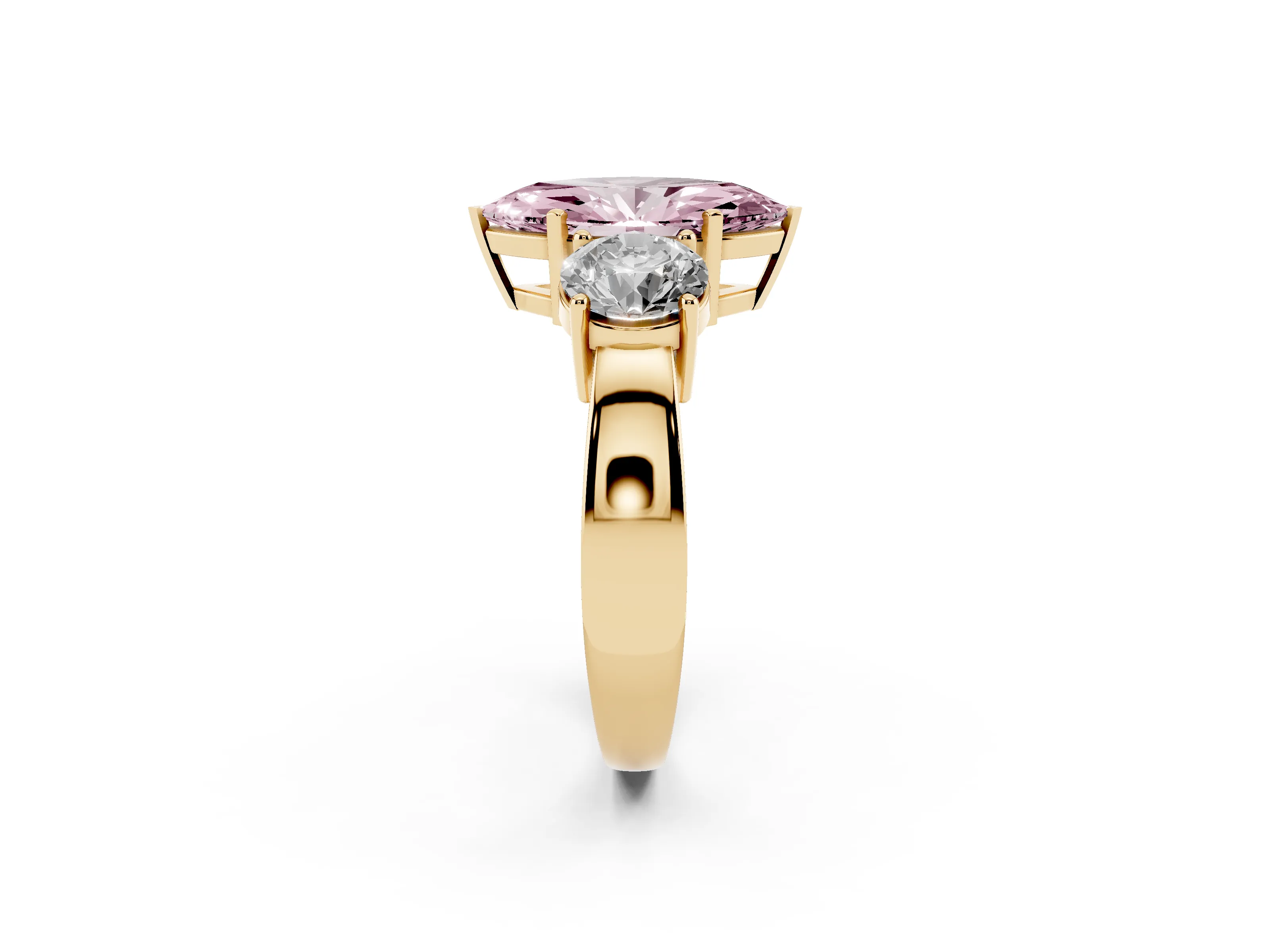 Fancy Pink Marquise Cut Diamond Three-Stone Ring Set in Yellow gold with Round Side Stones and Classic Band
