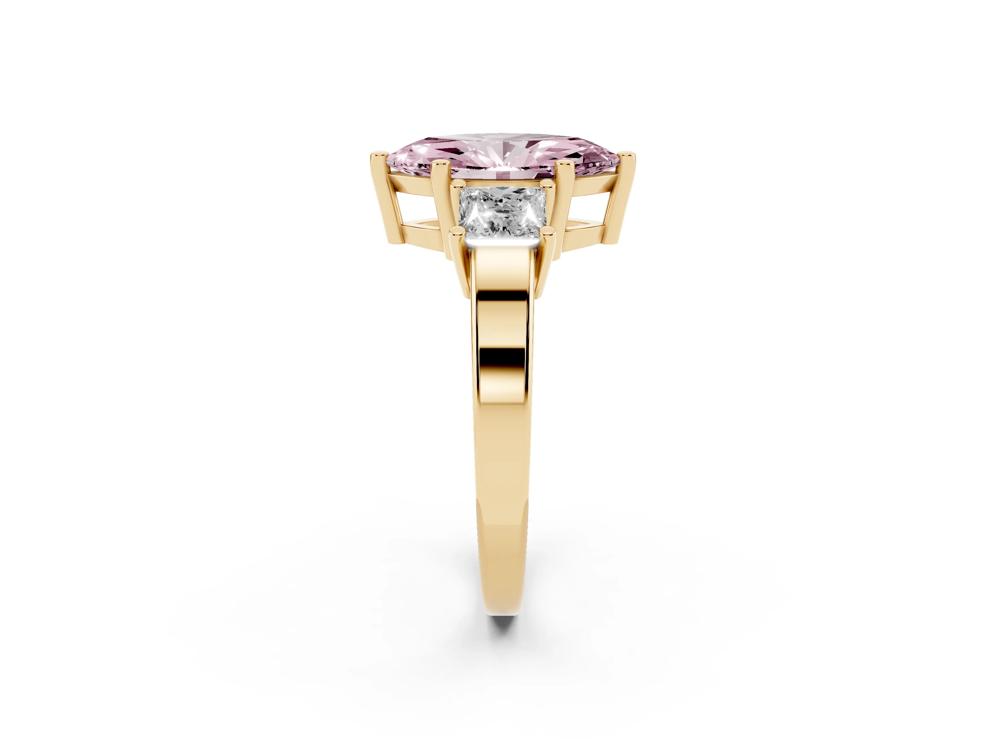 Fancy Pink Three-Stone Marquise Cut Diamond Solitaire Ring Set in Yellow gold with Prong Setting