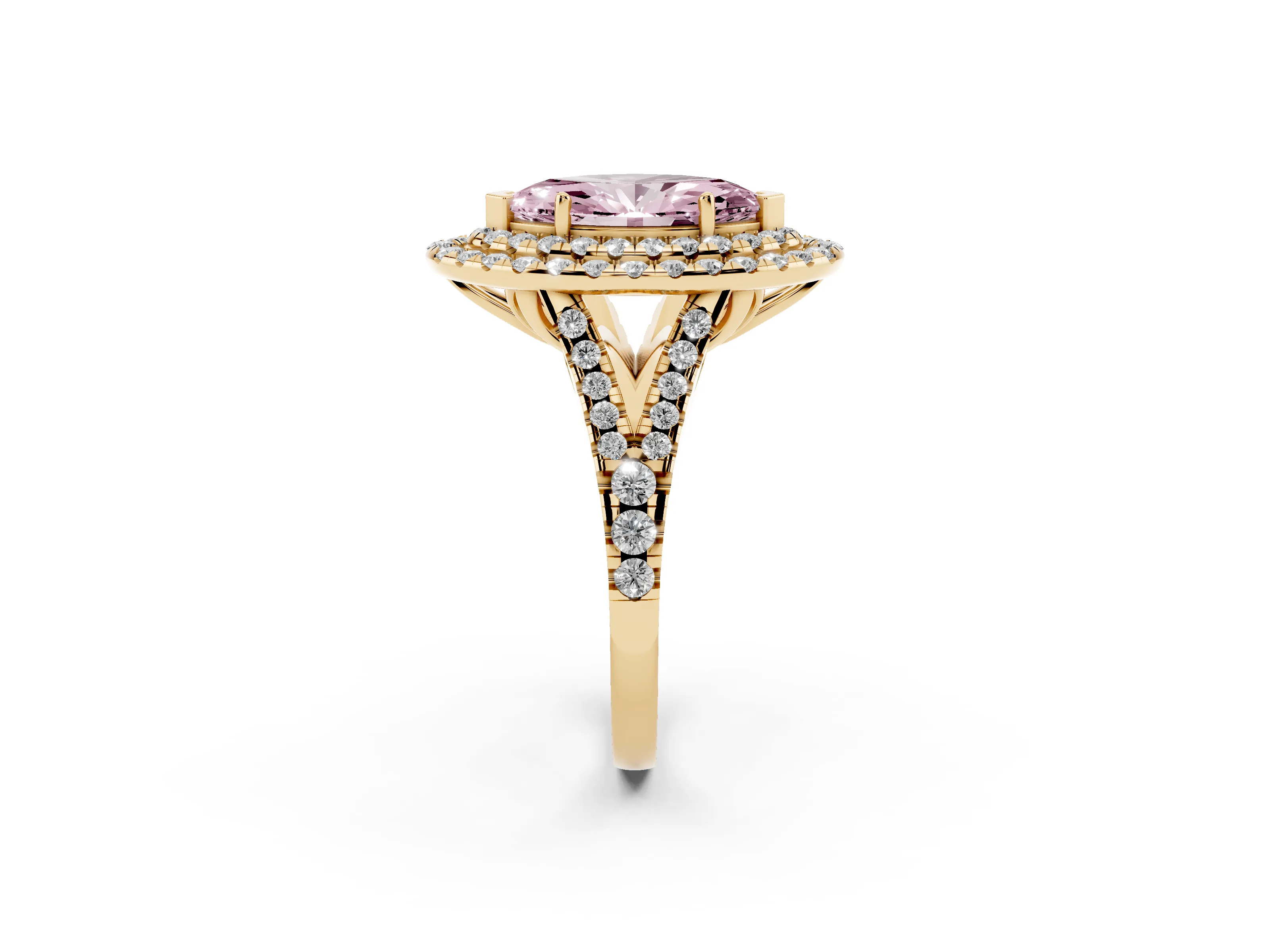 Fancy Pink Marquise Cut Diamond Double Halo Ring Set in Yellow gold with Pavé Split Shank and Prong Setting