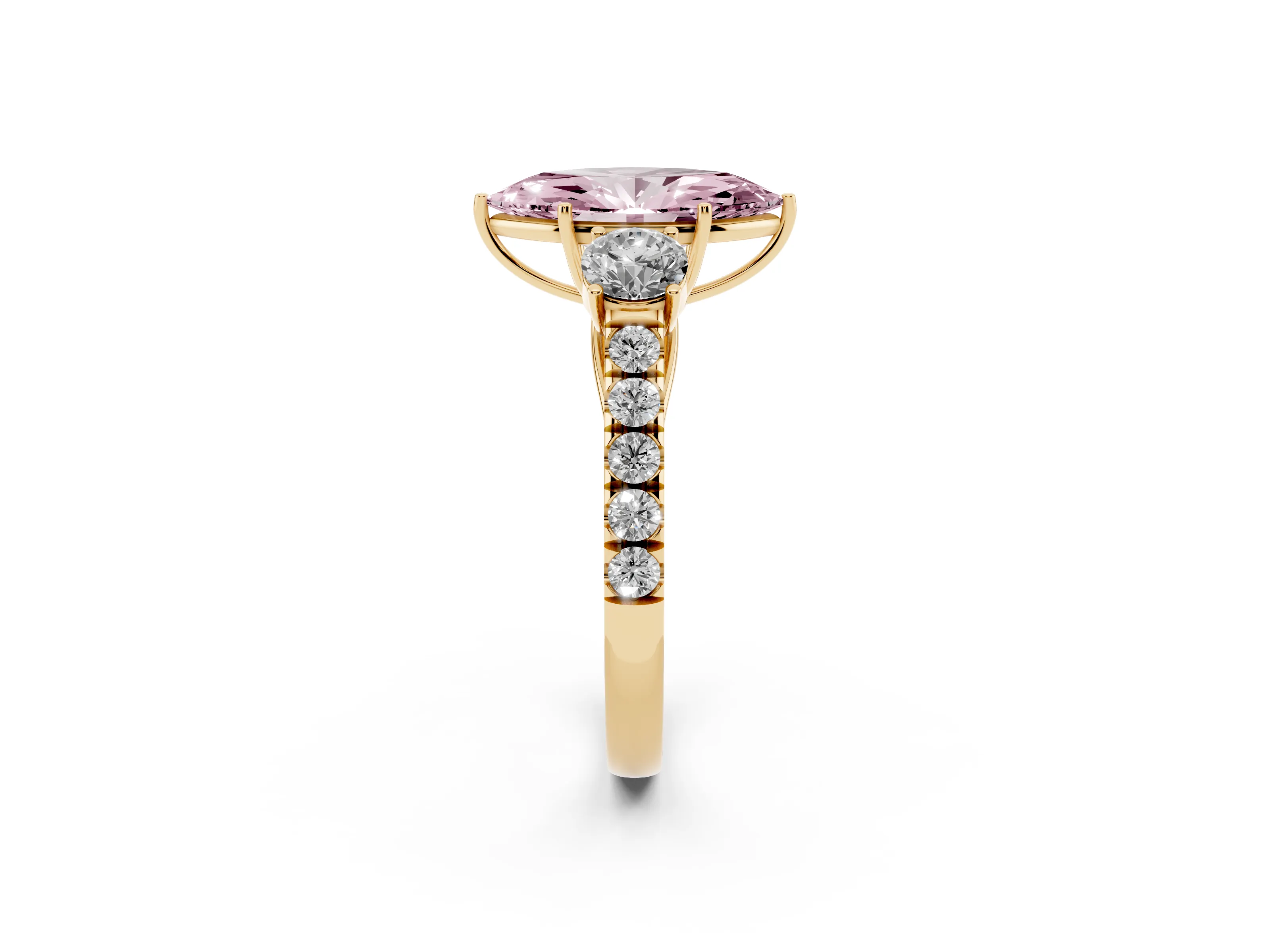 Fancy Pink Marquise Cut Diamond Three-Stone Ring Set in Yellow gold with Round Side Stones and Delicate Pavé Band