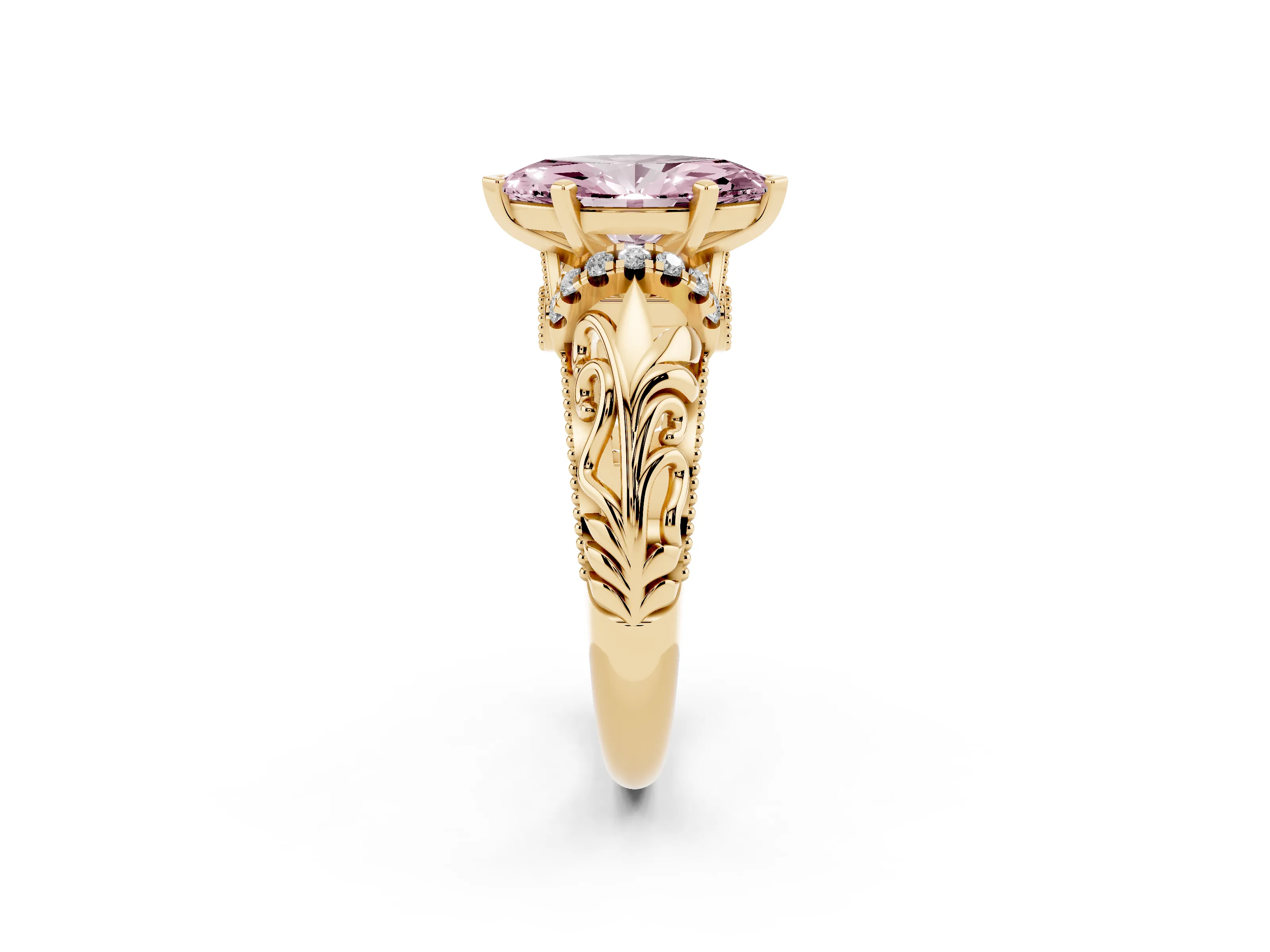 Fancy Pink Marquise Cut Diamond Filigree Halo Engagement Ring Set in Yellow gold with Prong Setting