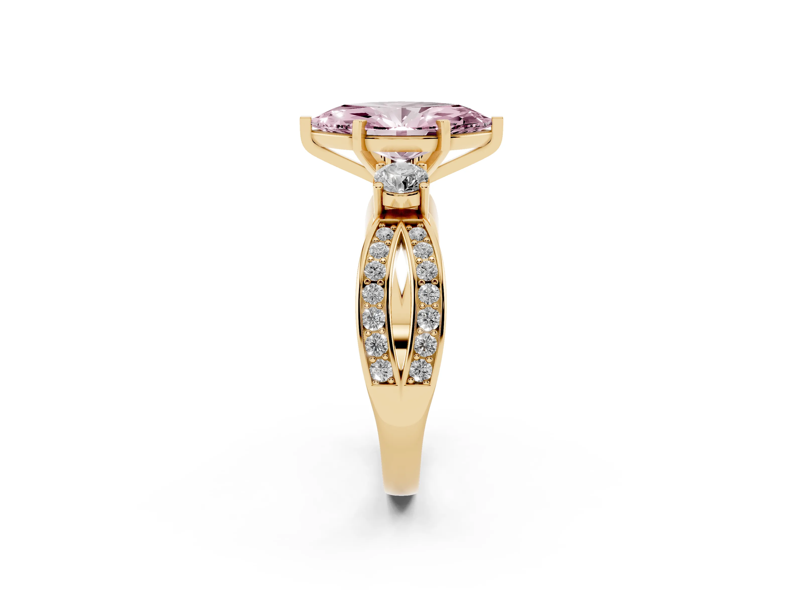 Fancy Pink Three-Stone Marquise Cut Diamond Twist Band Ring Set in Yellow gold with Pavé Accents and Prong Setting