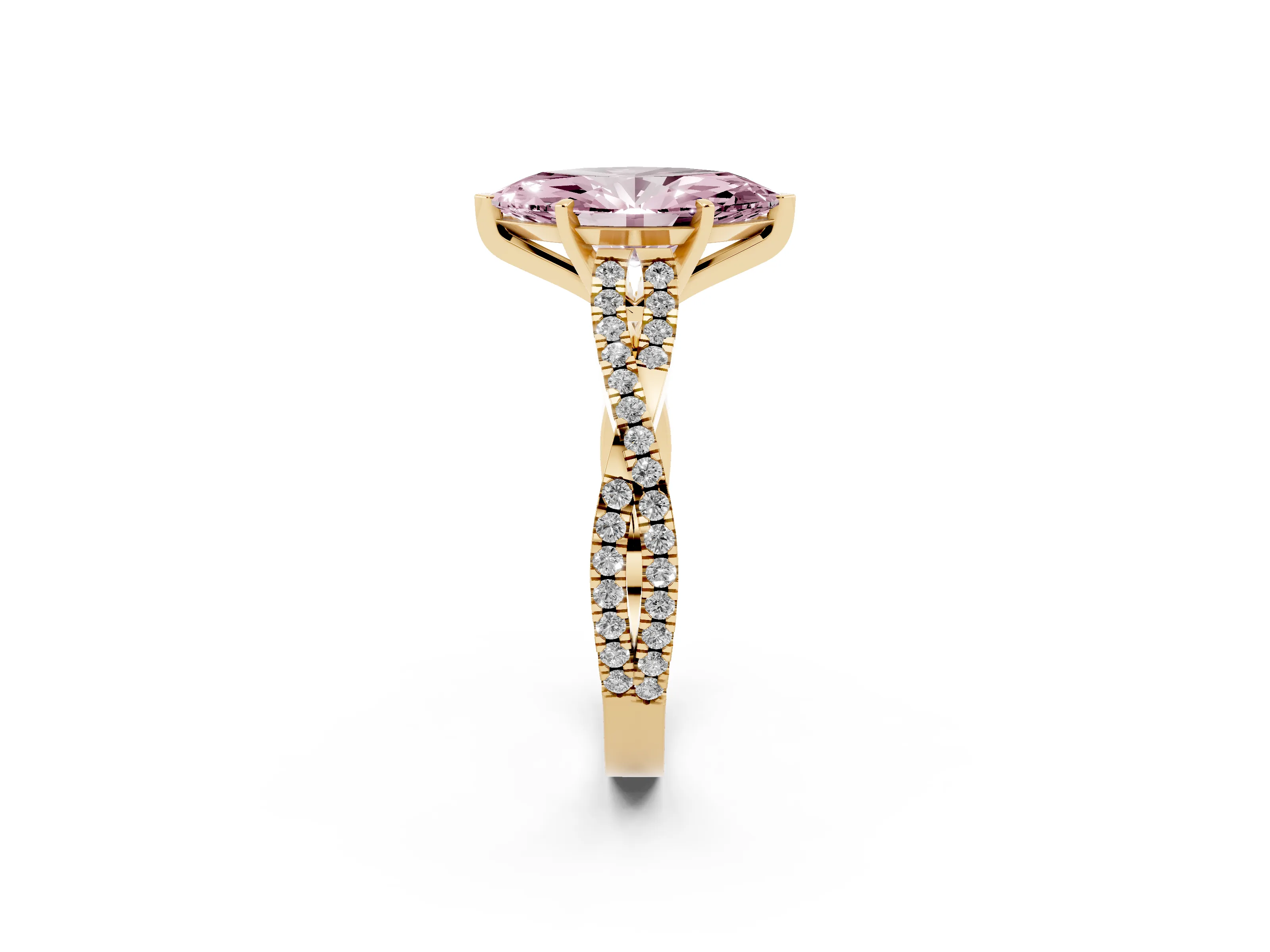 Fancy Pink Marquise Cut Diamond Solitaire Engagement Ring Set in Yellow gold with Twisted Pavé Band and Prong Setting