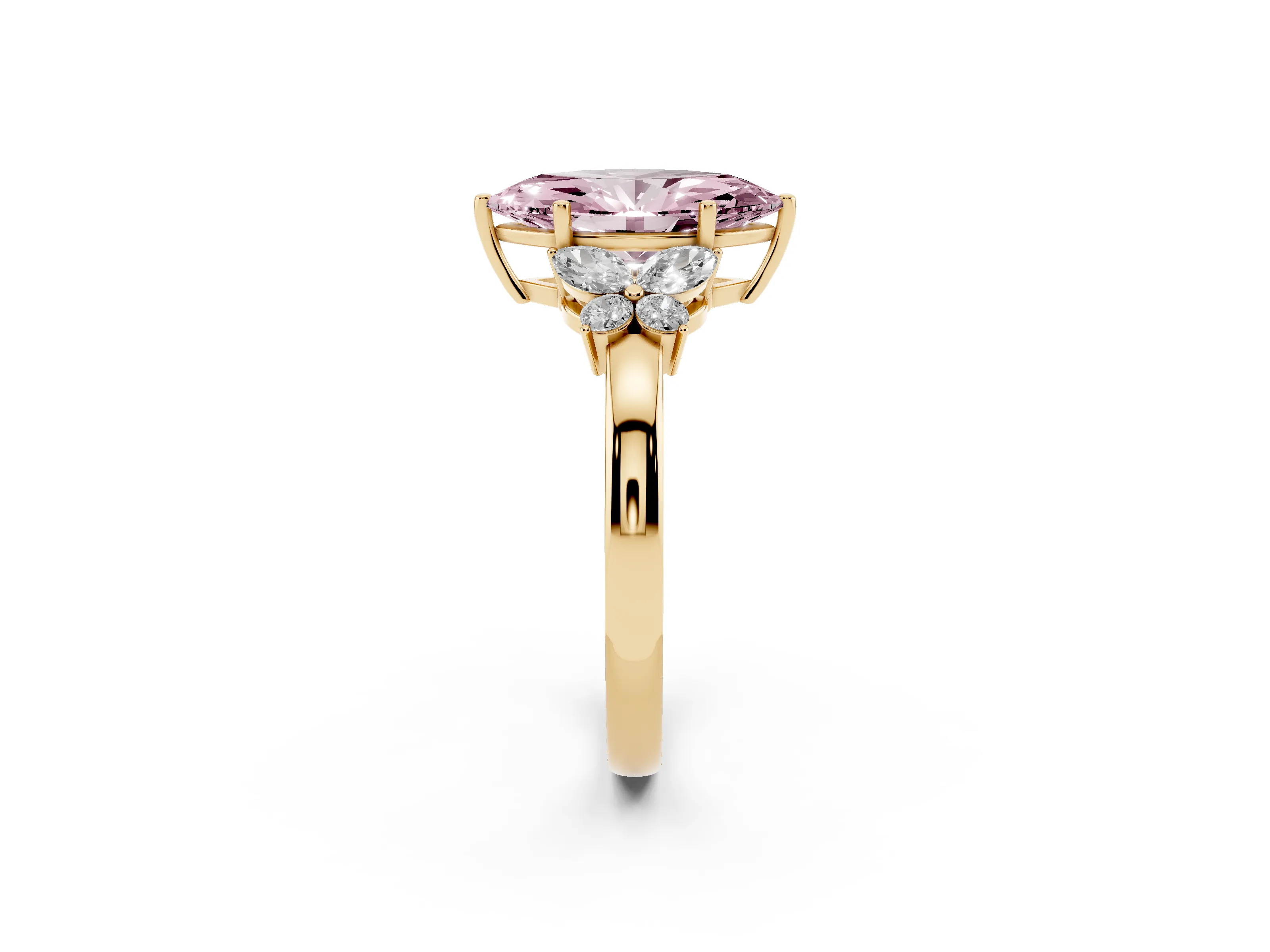 Fancy Pink Marquise Cut Diamond Solitaire Floral Ring Set in Yellow gold with Marquise Petals and Prong Setting