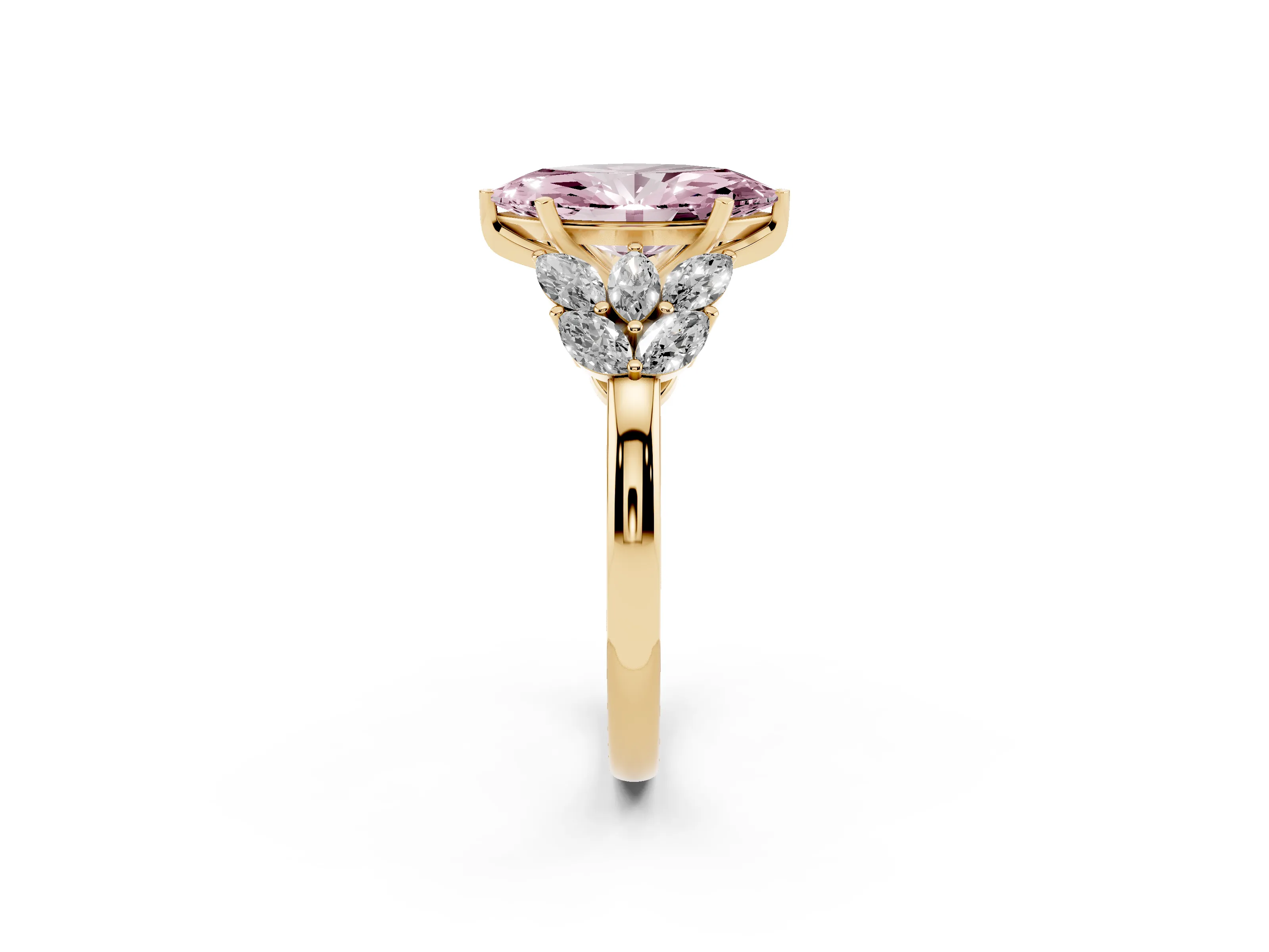 Fancy Pink Marquise Cut Diamond Cluster Leaf Design Ring Set in Yellow gold with Prong Setting