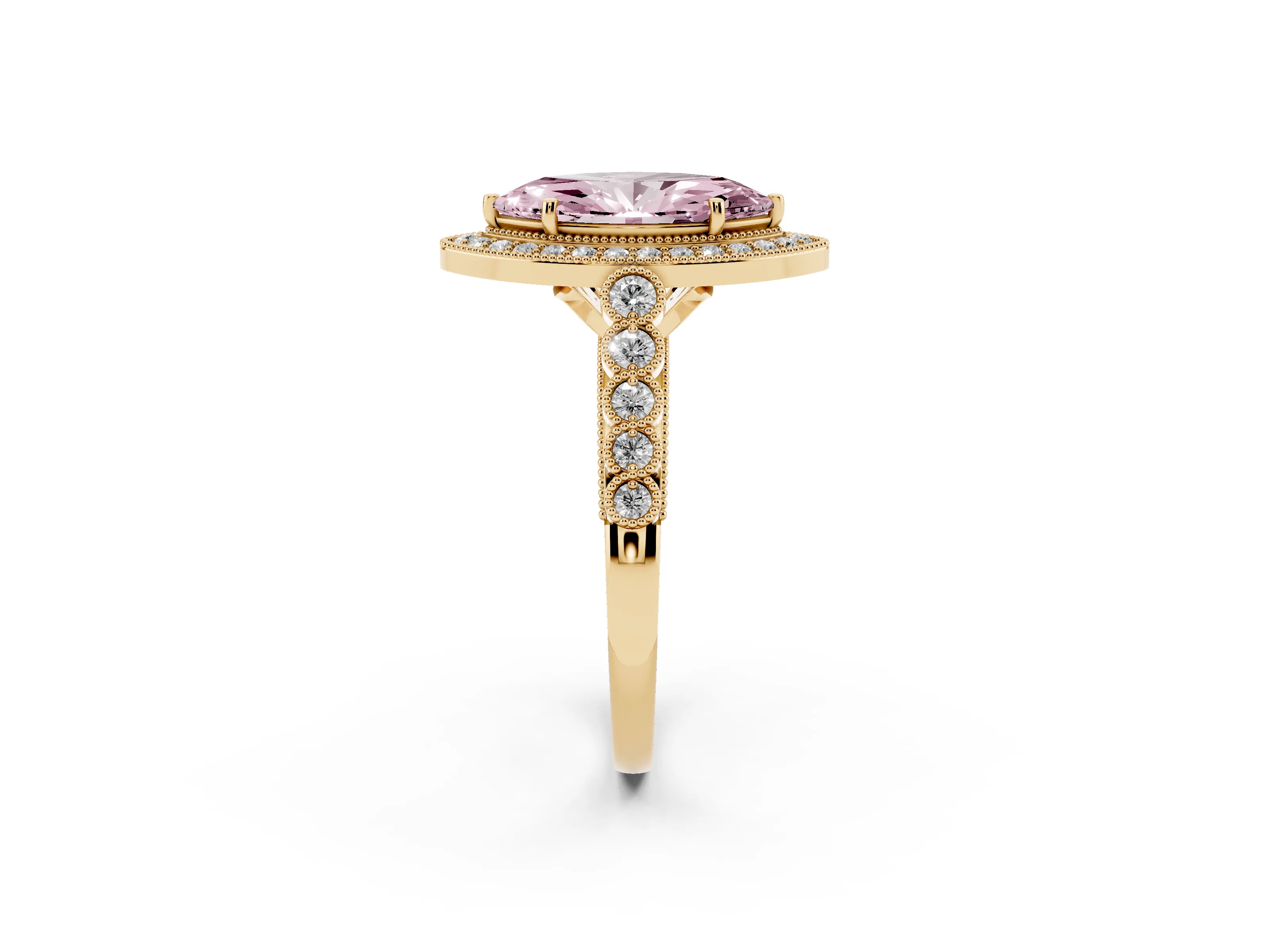 Fancy Pink Marquise Cut Diamond Milgrain Halo Solitaire Ring Set in Yellow gold with Bezel Set Side Stones and Pavé Band