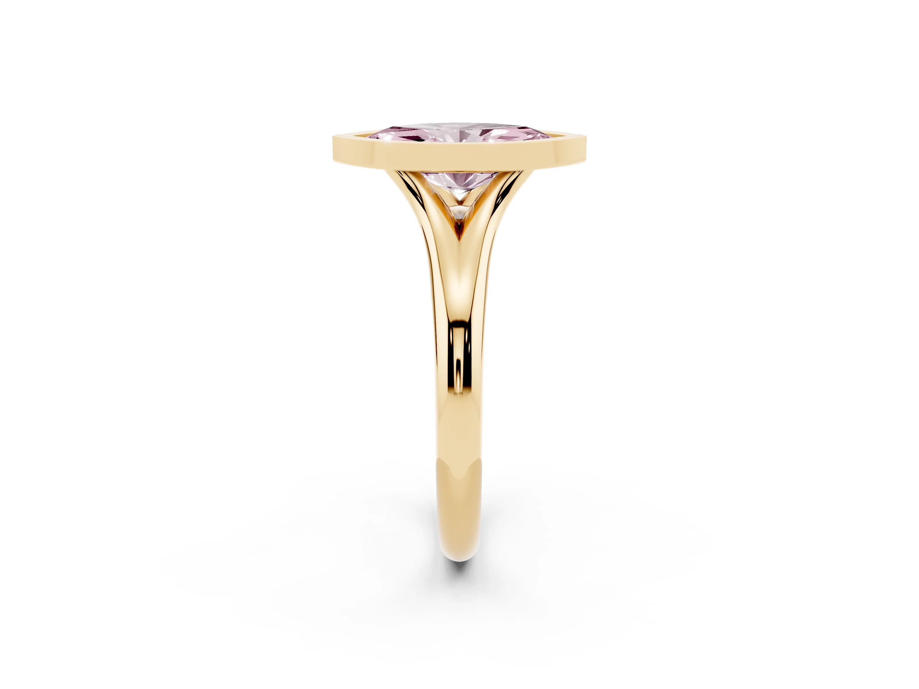Fancy Pink Bezel Set Marquise Cut Diamond Solitaire Ring Set in Yellow gold with Smooth Band