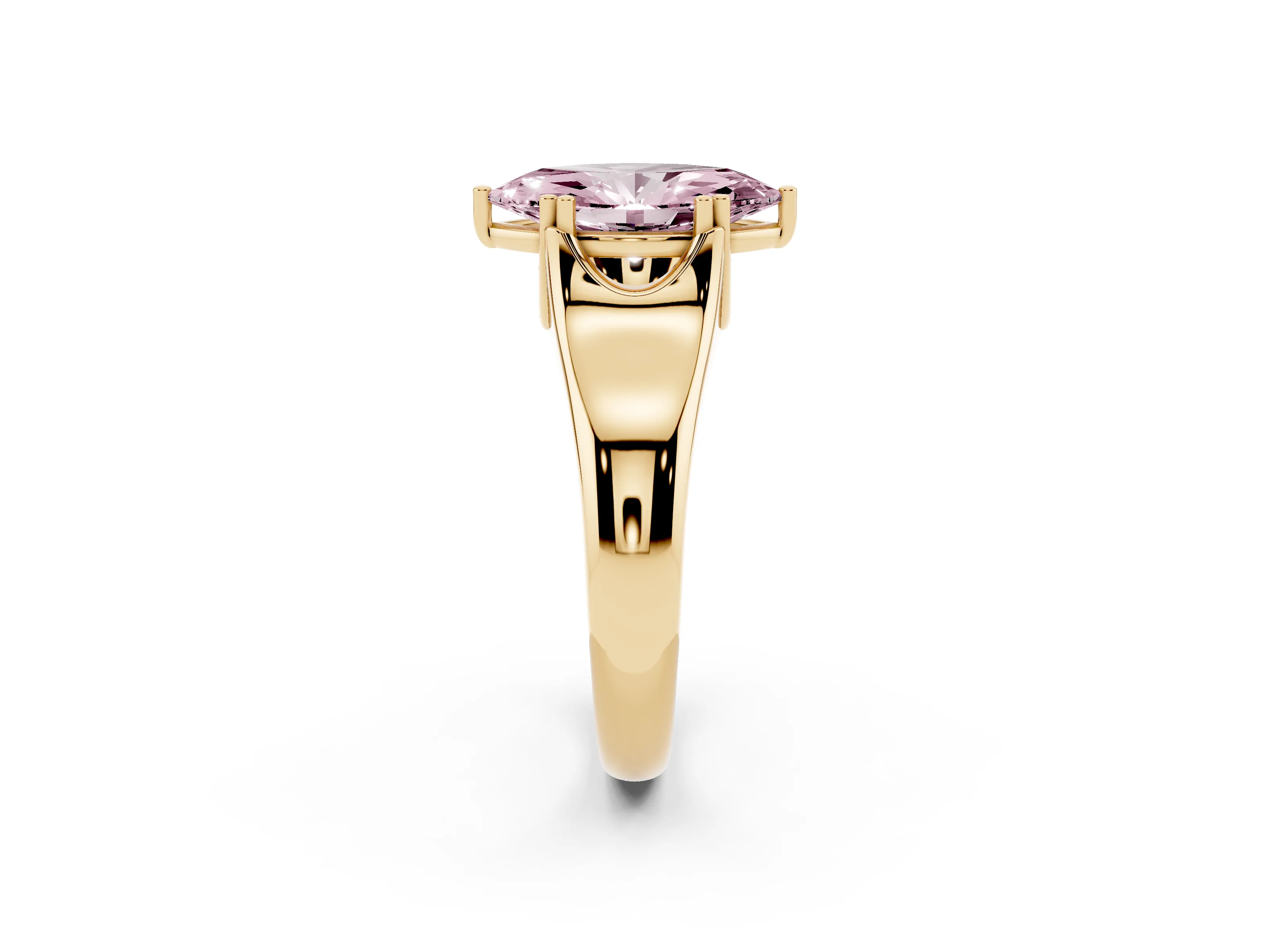 Fancy Pink Marquise Cut Diamond Solitaire Ring Set in Yellow gold with Wide Band and Prong Setting