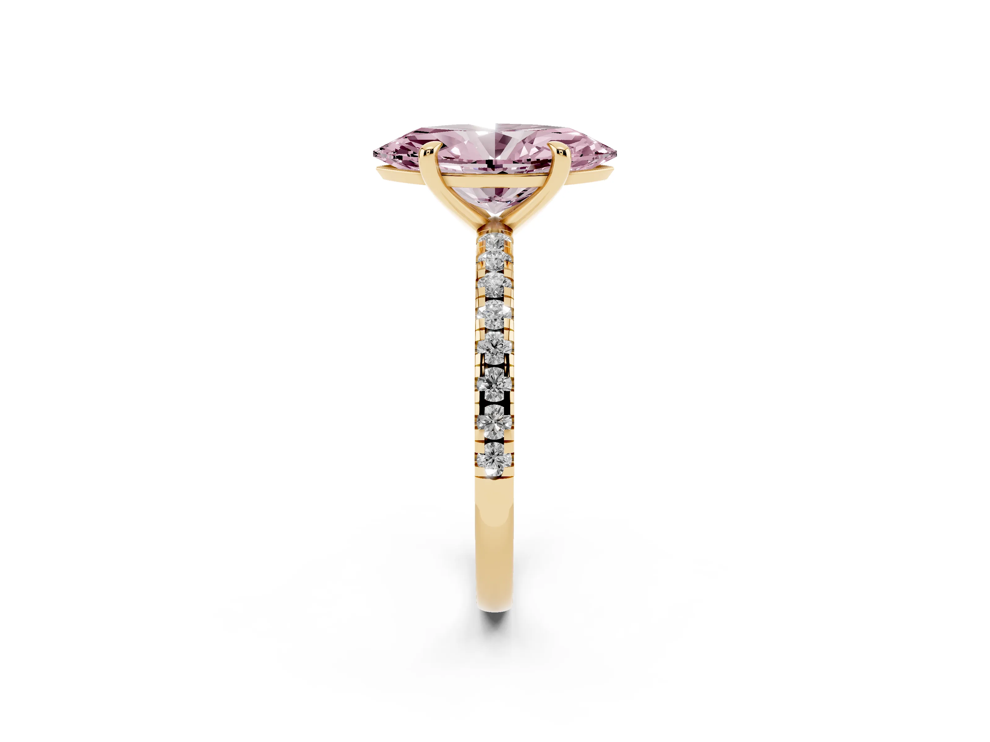 Fancy Pink Marquise Cut Diamond Brilliant Solitaire Ring Set in Yellow gold with Pavé Band and Prong Setting