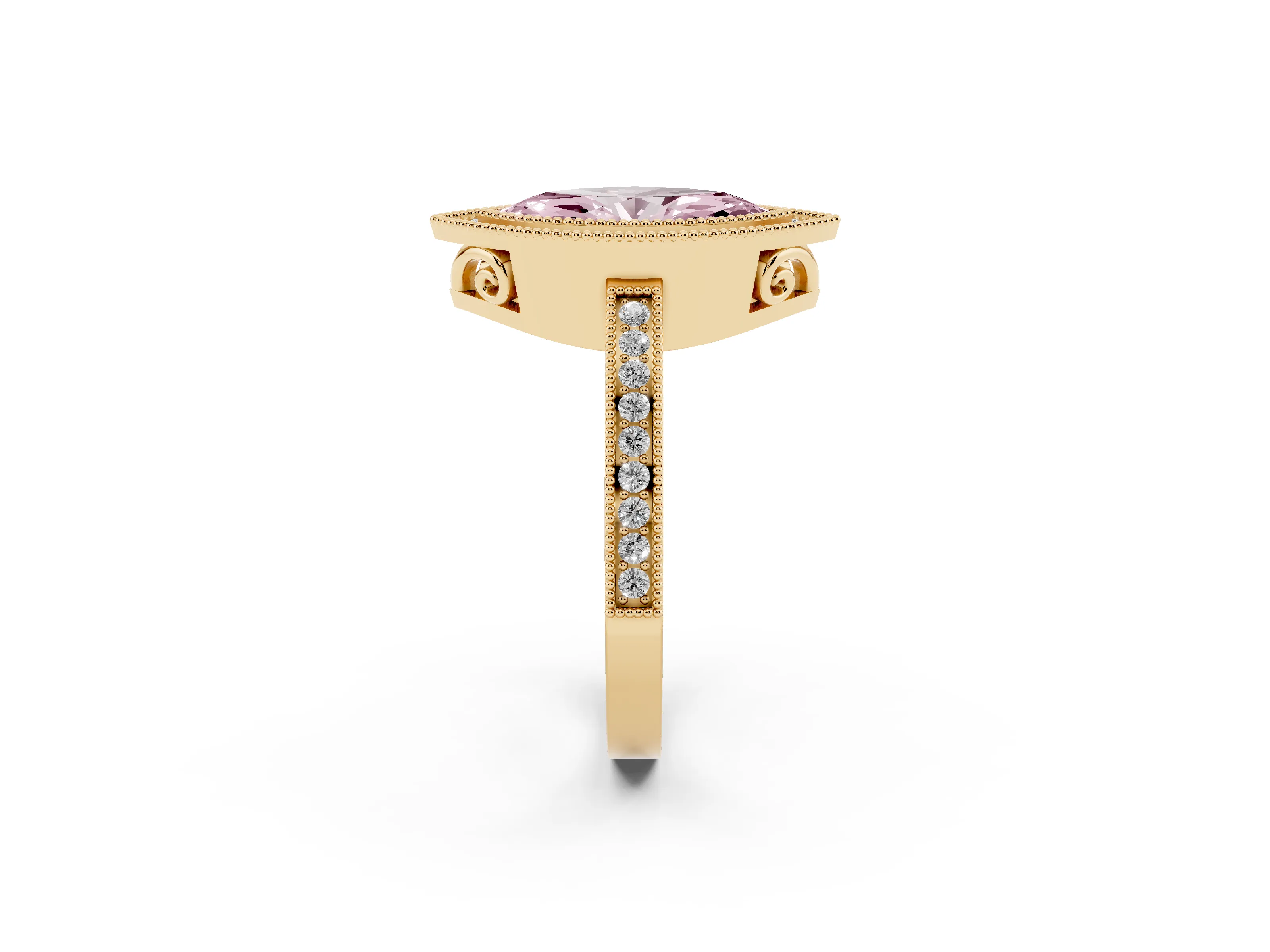 Fancy Pink Marquise Cut Diamond Halo Ring Set in Yellow gold with Pavé Band and Milgrain-Edged Prongs