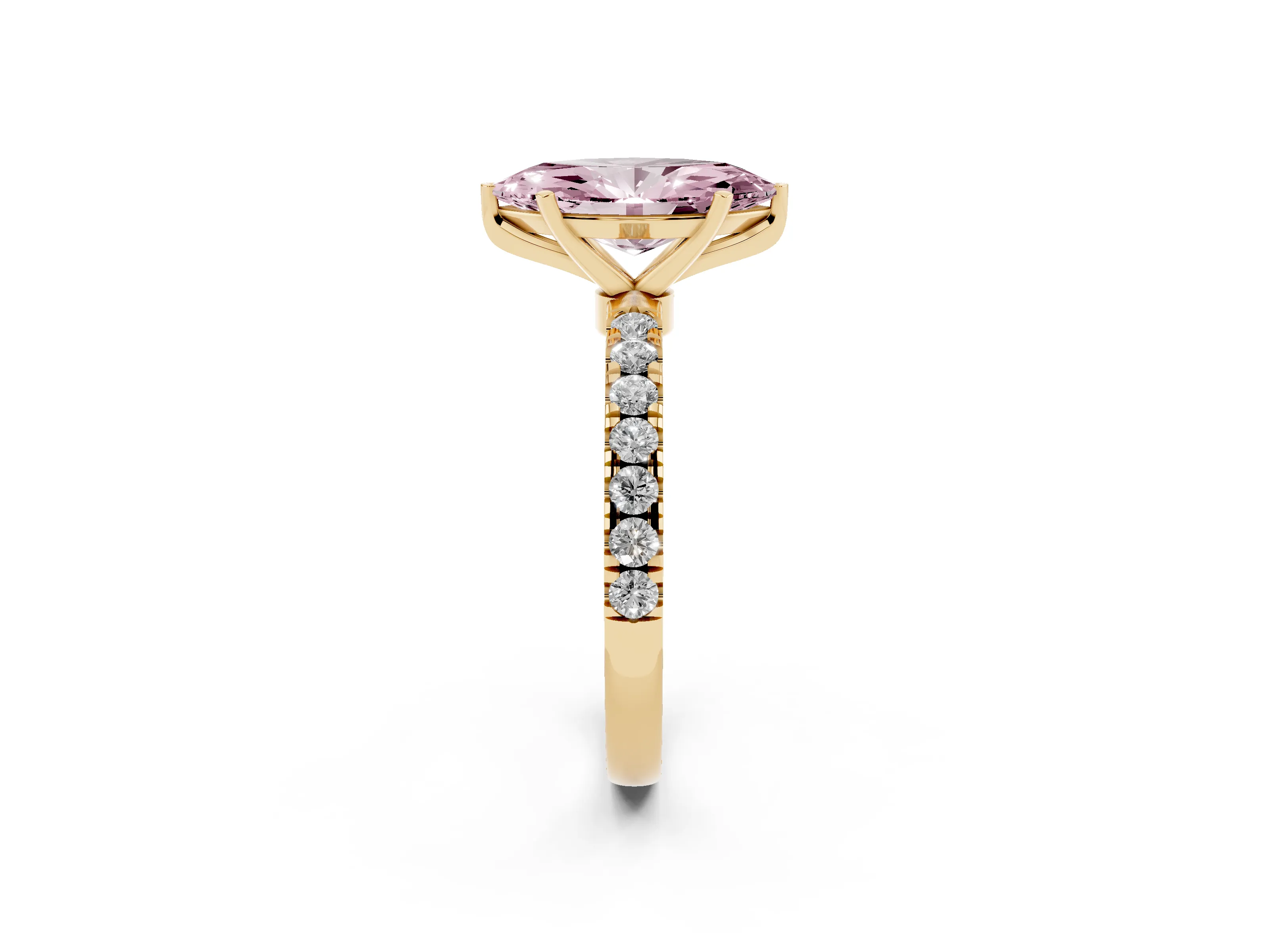 Fancy Pink Marquise Cut Diamond Solitaire Ring Set in Yellow gold with Pavé Accents and Prong Setting