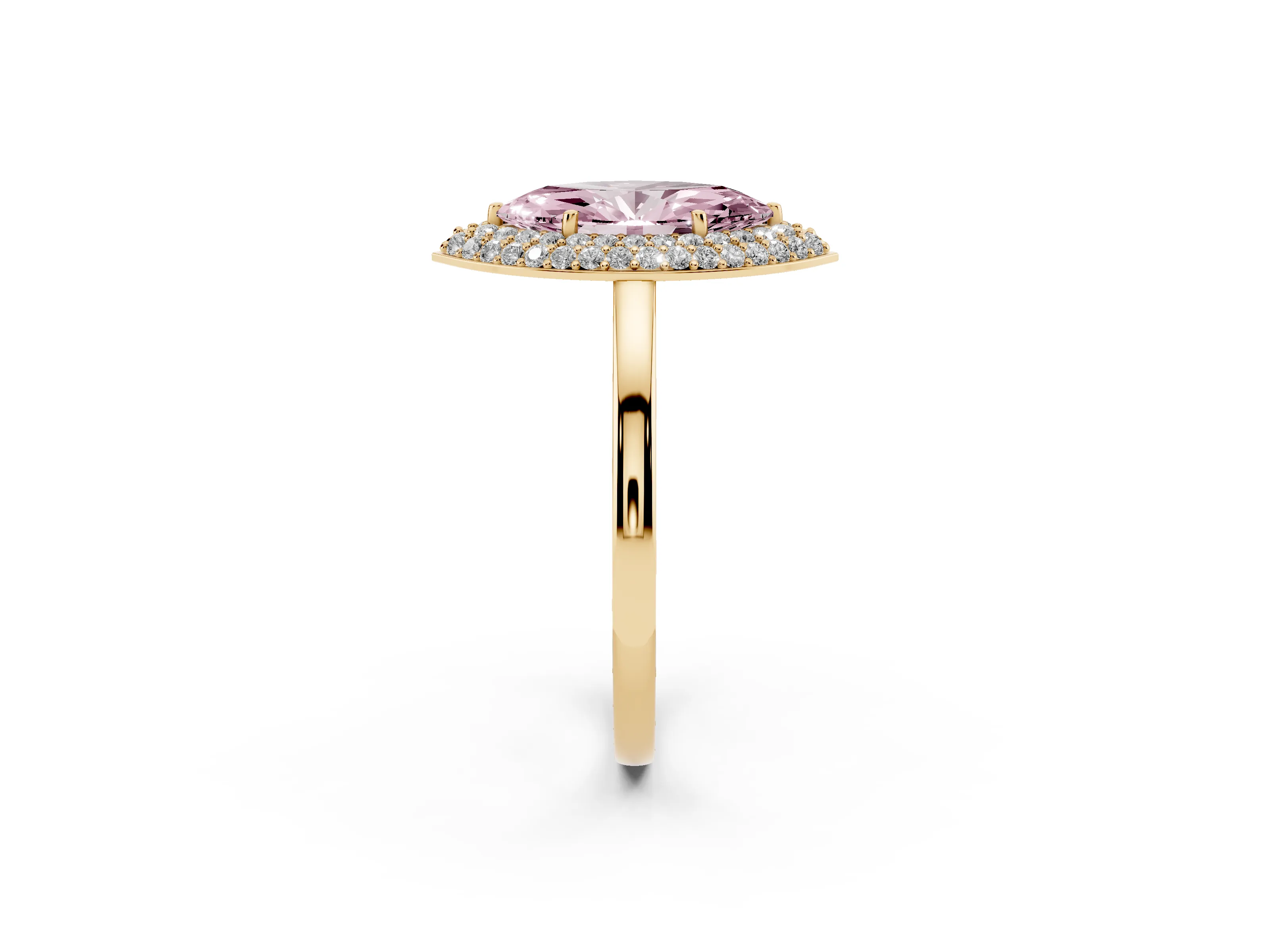 Fancy Pink Marquise Cut Diamond Halo Engagement Ring Set in Yellow gold with Solitaire Band and Prong Setting