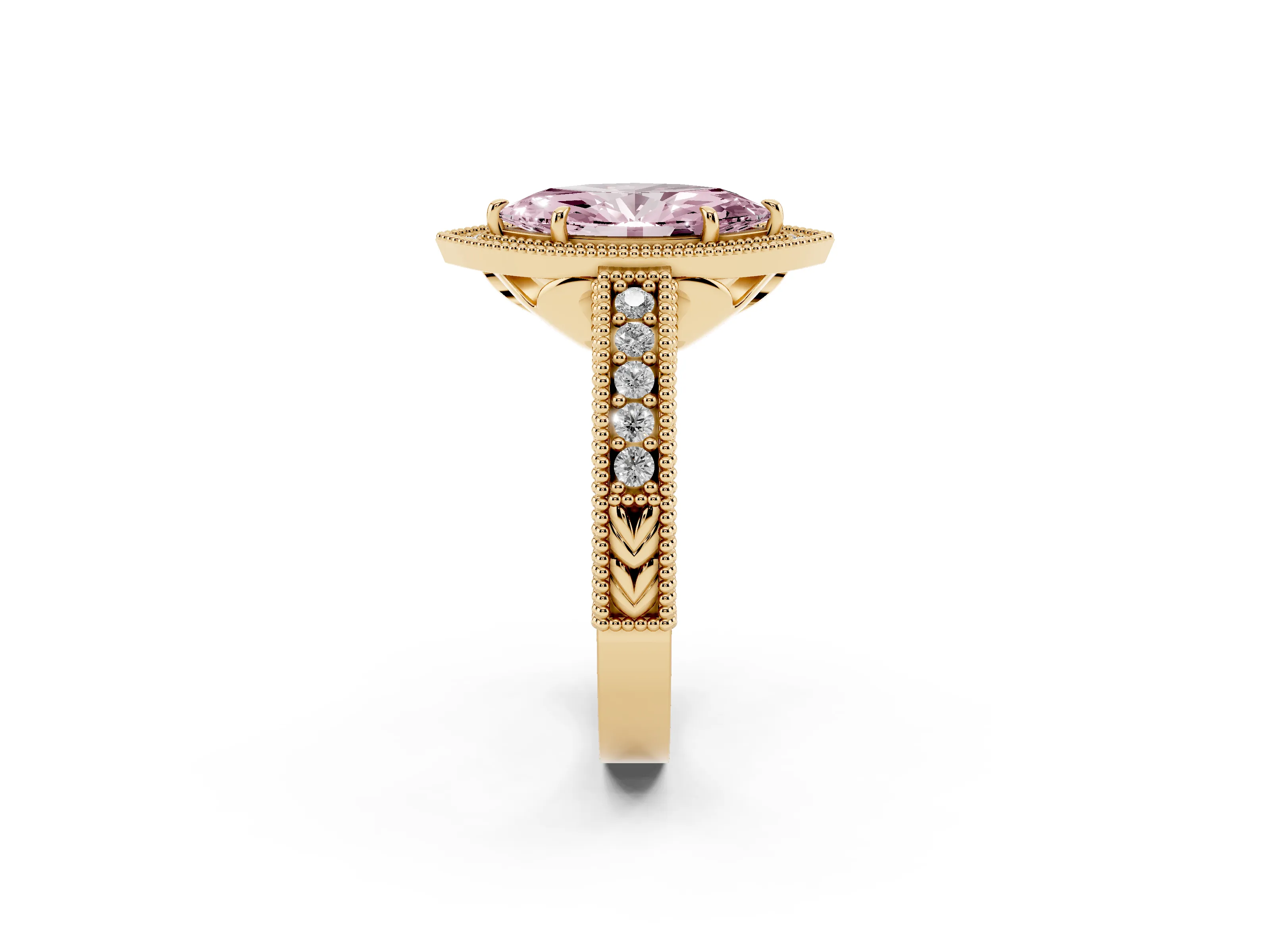 Fancy Pink Marquise Cut Diamond Halo Ring Set in Yellow gold with Round Accent Halo, Pavé Band and Prong Setting