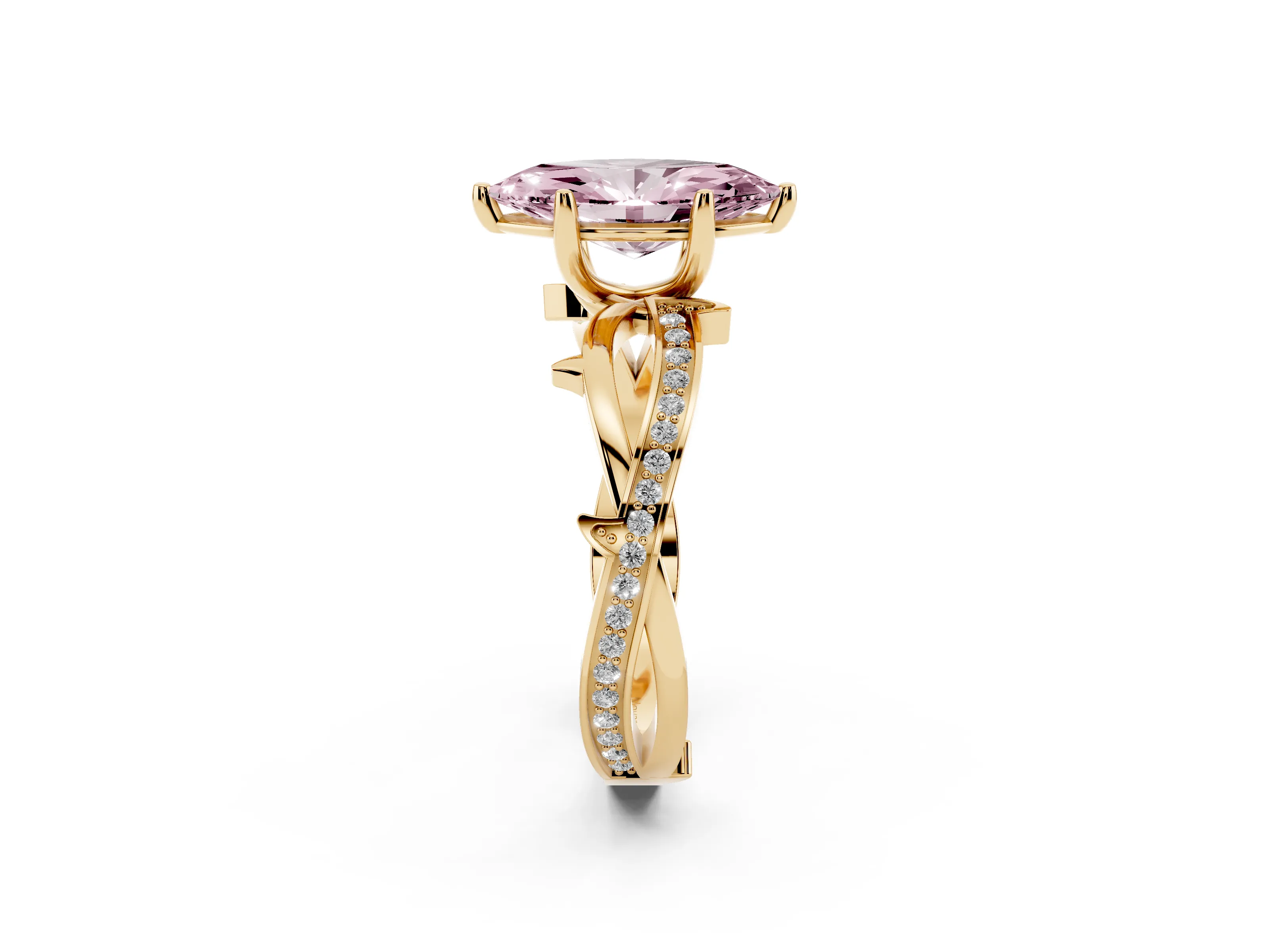 Fancy Pink Marquise Cut Diamond Pavé Twist Band Solitaire Ring Set in Yellow gold with Prong Setting