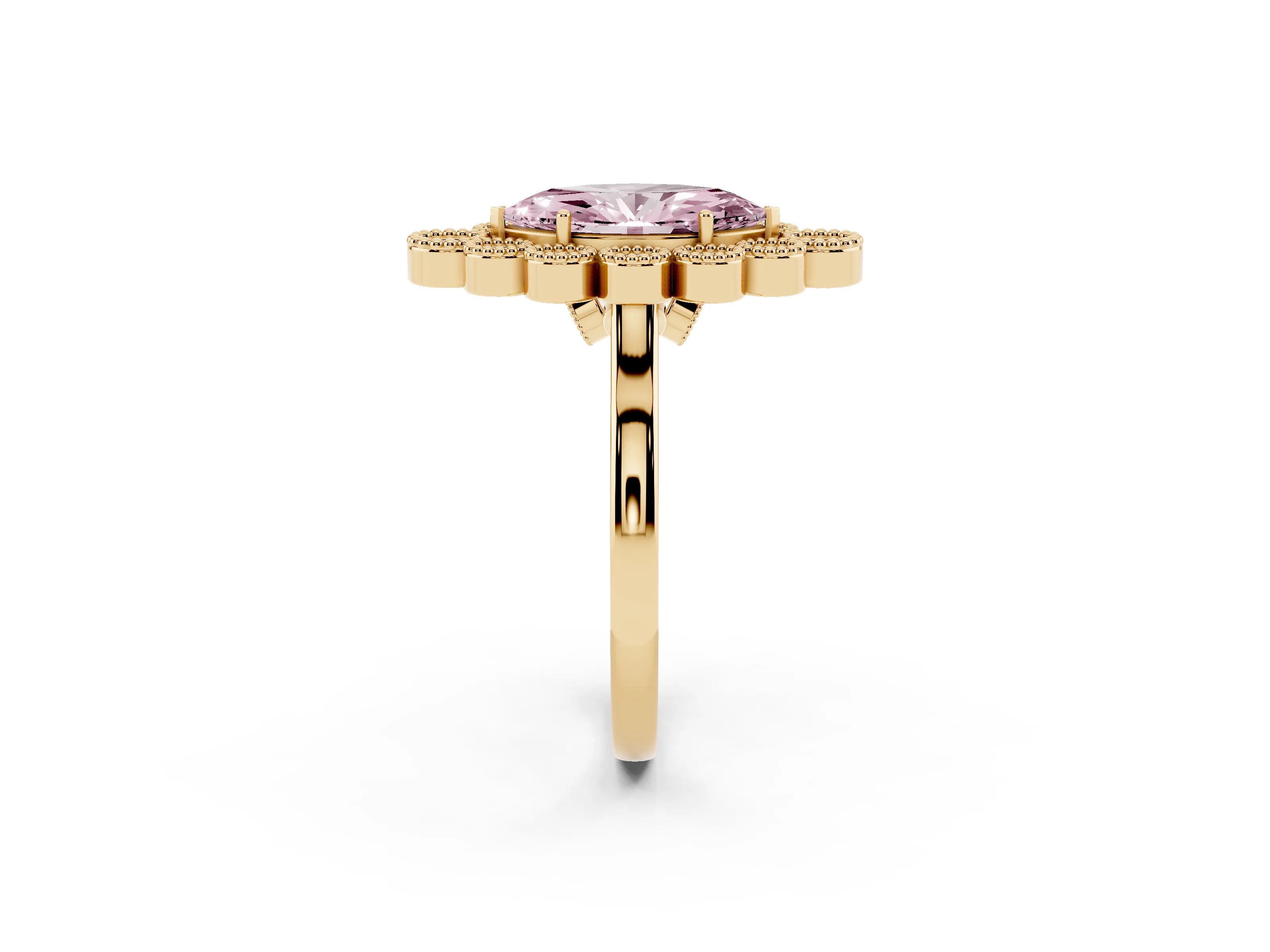 Fancy Pink Marquise Cut Diamond Cluster Halo Ring Set in Yellow gold with Milgrain Bezel Accents and Plain Band