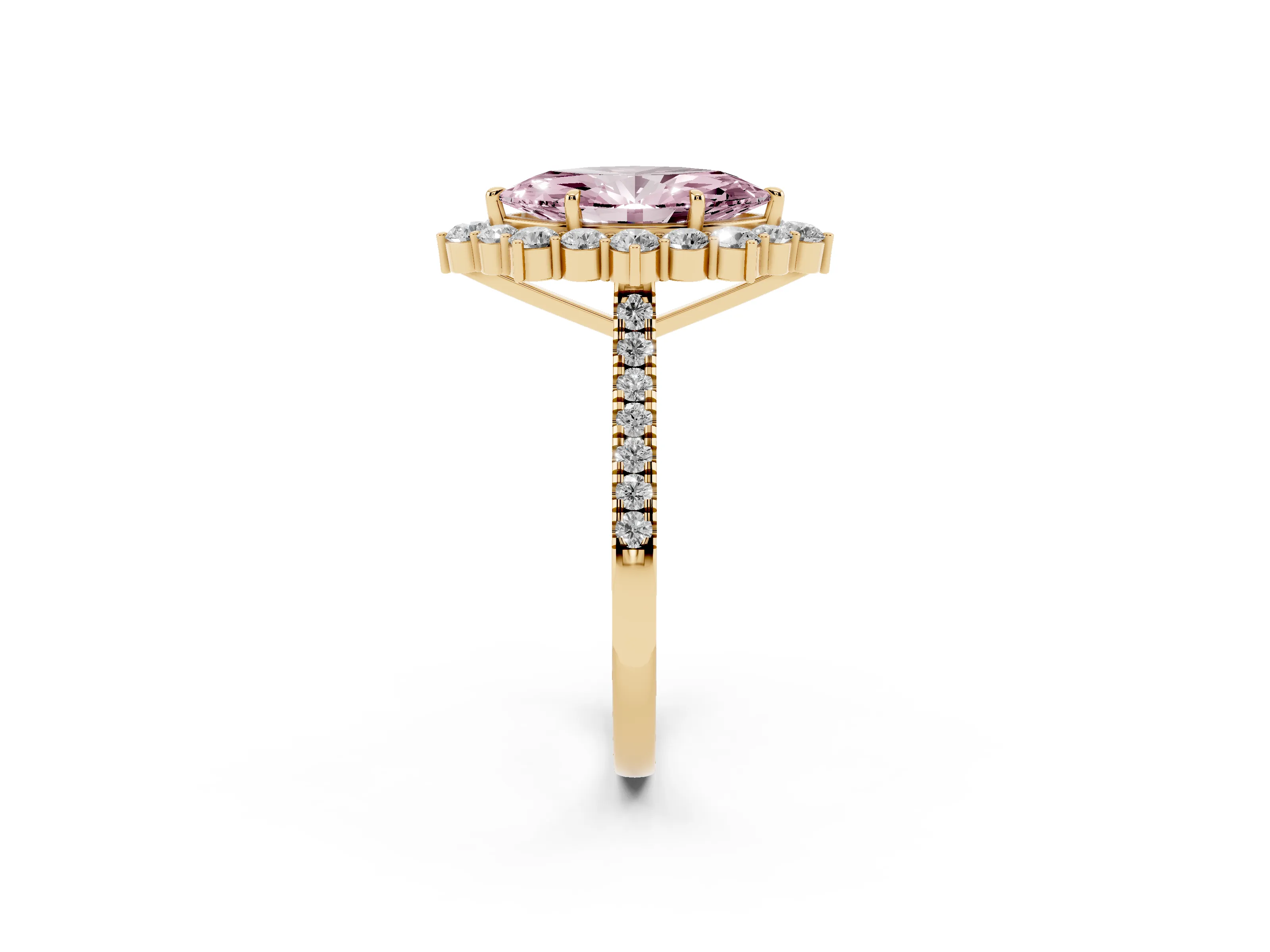 Fancy Pink Marquise Cut Diamond Halo Ring Set in Yellow gold with Pavé Band and Prong Setting
