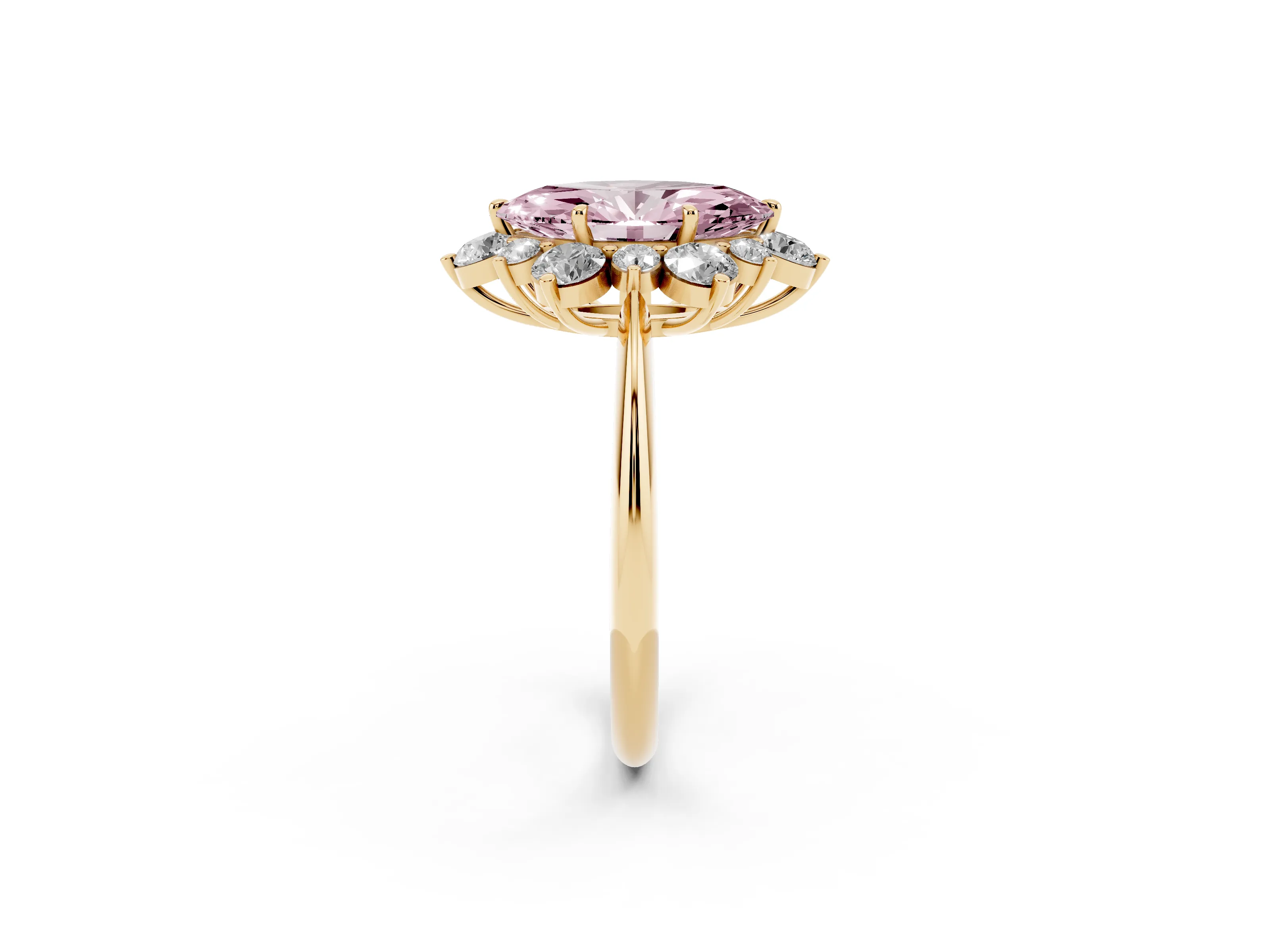 Fancy Pink Marquise Cut Diamond Cluster Halo Ring Set in Yellow gold with Solitaire Band and Prong Setting