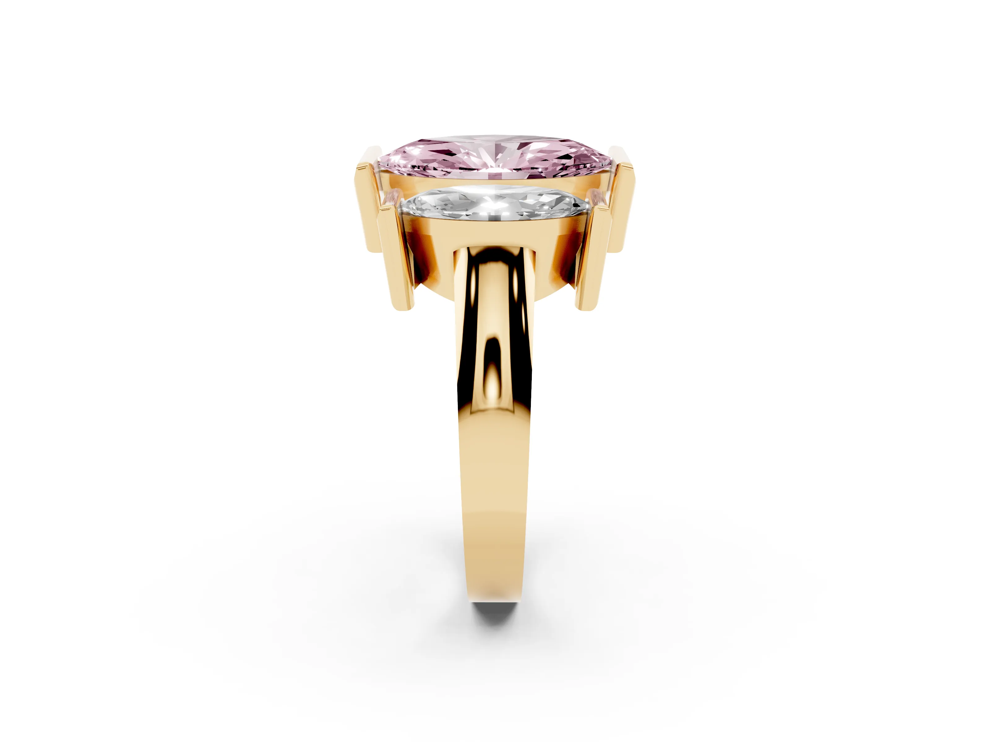 Fancy Pink Marquise Cut Diamond Three-Stone Channel Set Ring Set in Yellow gold with Smooth Polished Band