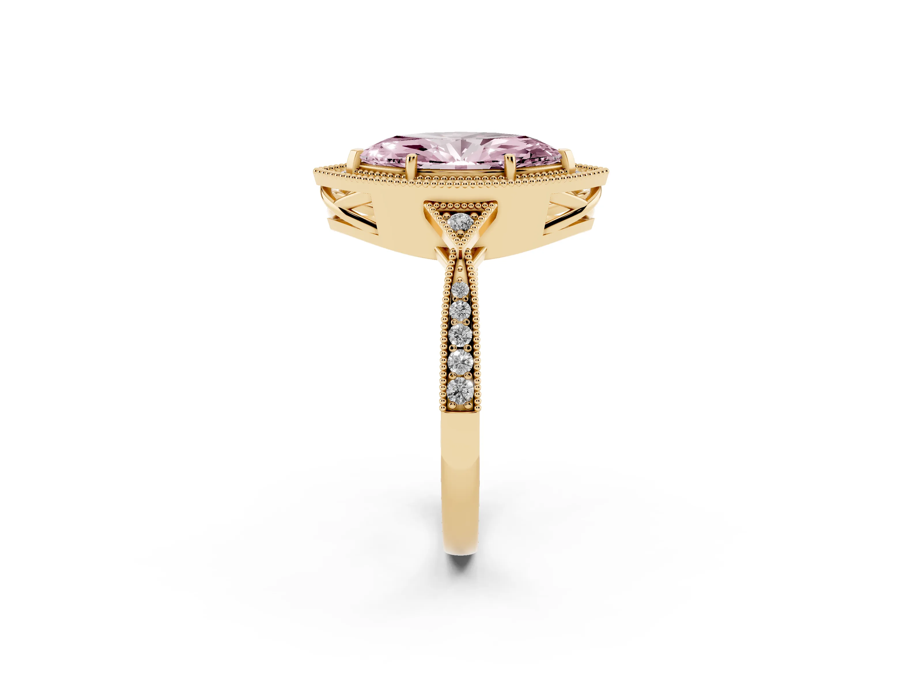 Fancy Pink Marquise Cut Diamond Halo Engagement Ring Set in Yellow gold with Milgrain Pavé Band