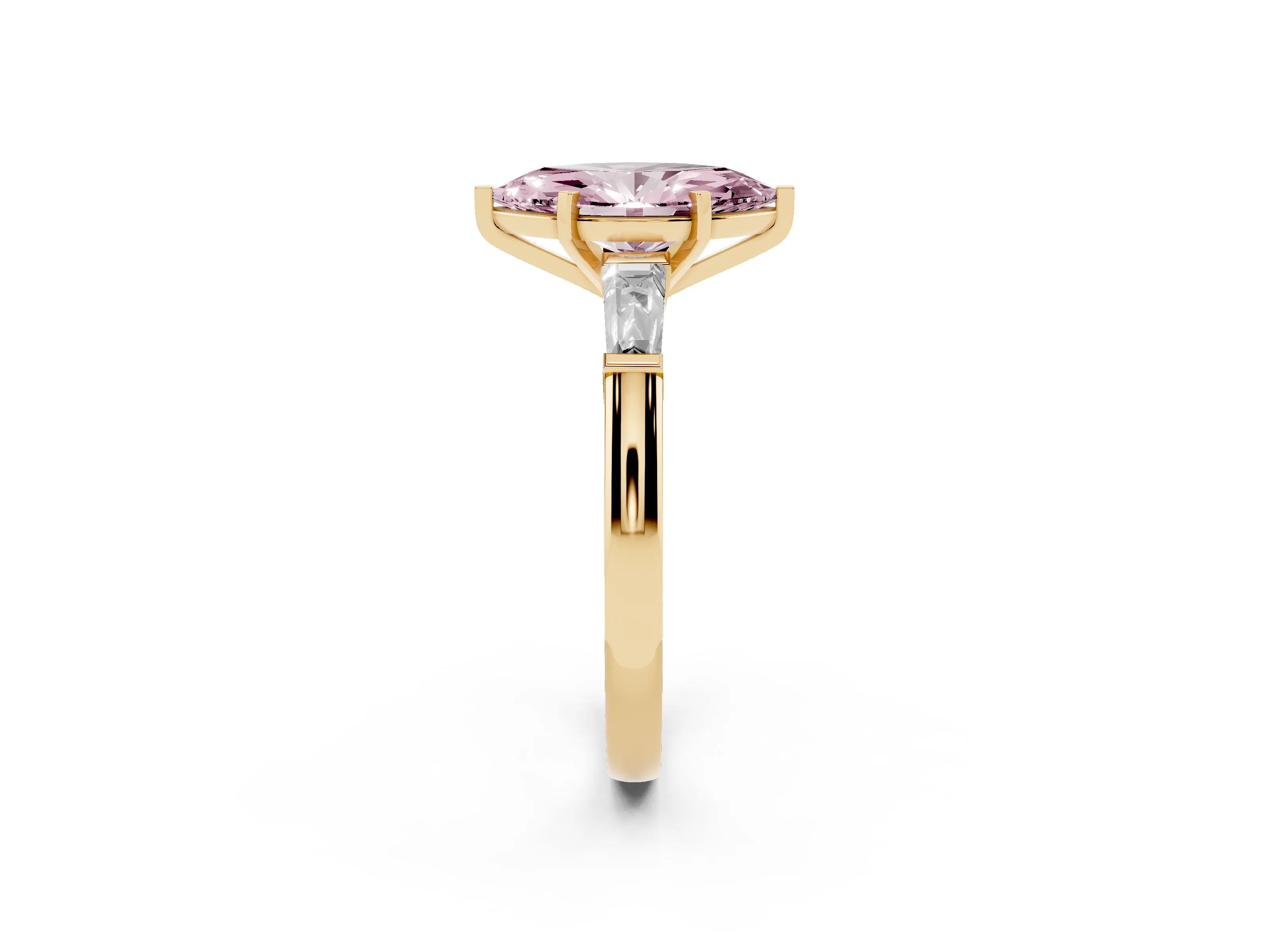 Fancy Pink Marquise Cut Diamond Solitaire Ring Set in Yellow gold with Tapered Baguette Side Stones and Prong Setting