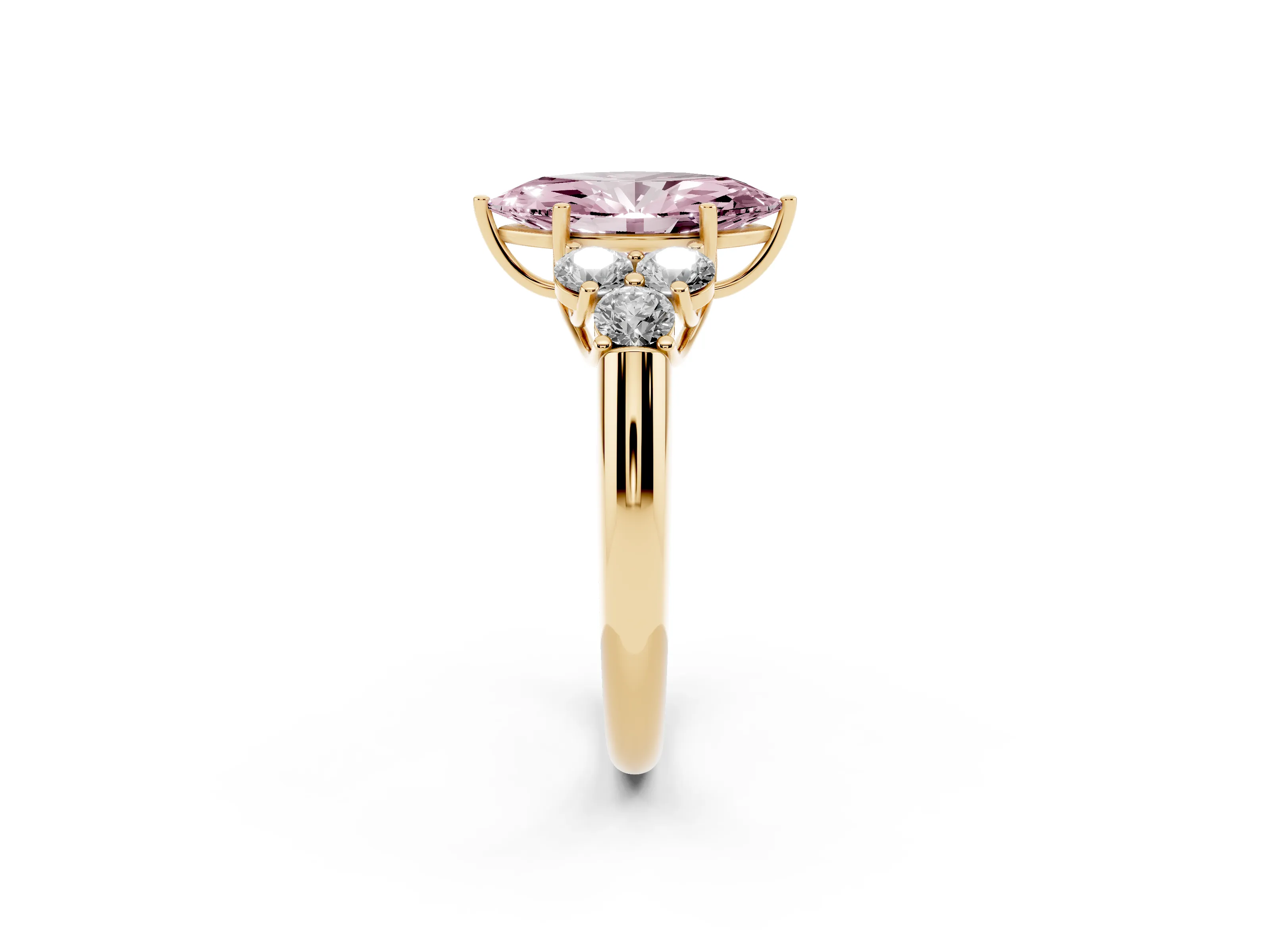 Fancy Pink Marquise Cut Diamond Cluster Ring Set in Yellow gold with Round Accent Stones and Prong Setting on a Plain Band