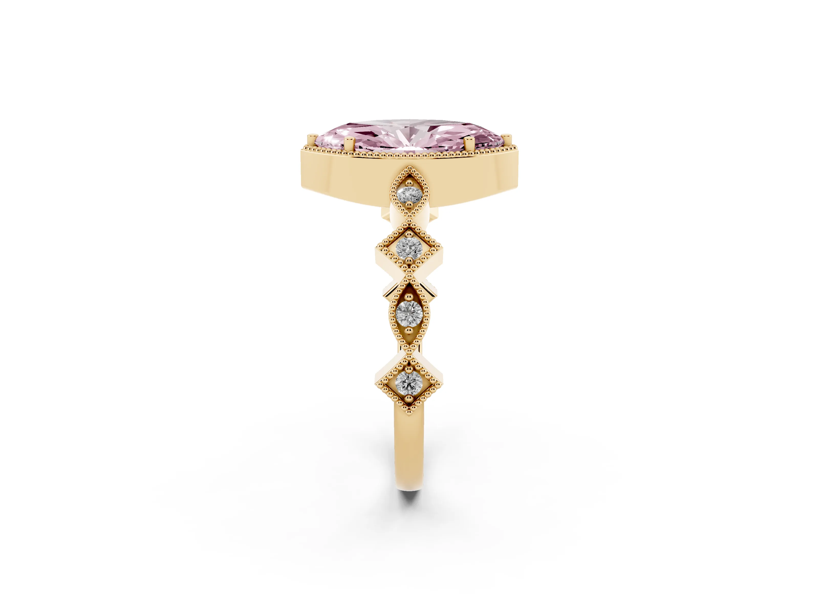 Fancy Pink Marquise Cut Diamond Milgrain Marquise Twist Band Ring Set in Yellow gold with Prong Setting