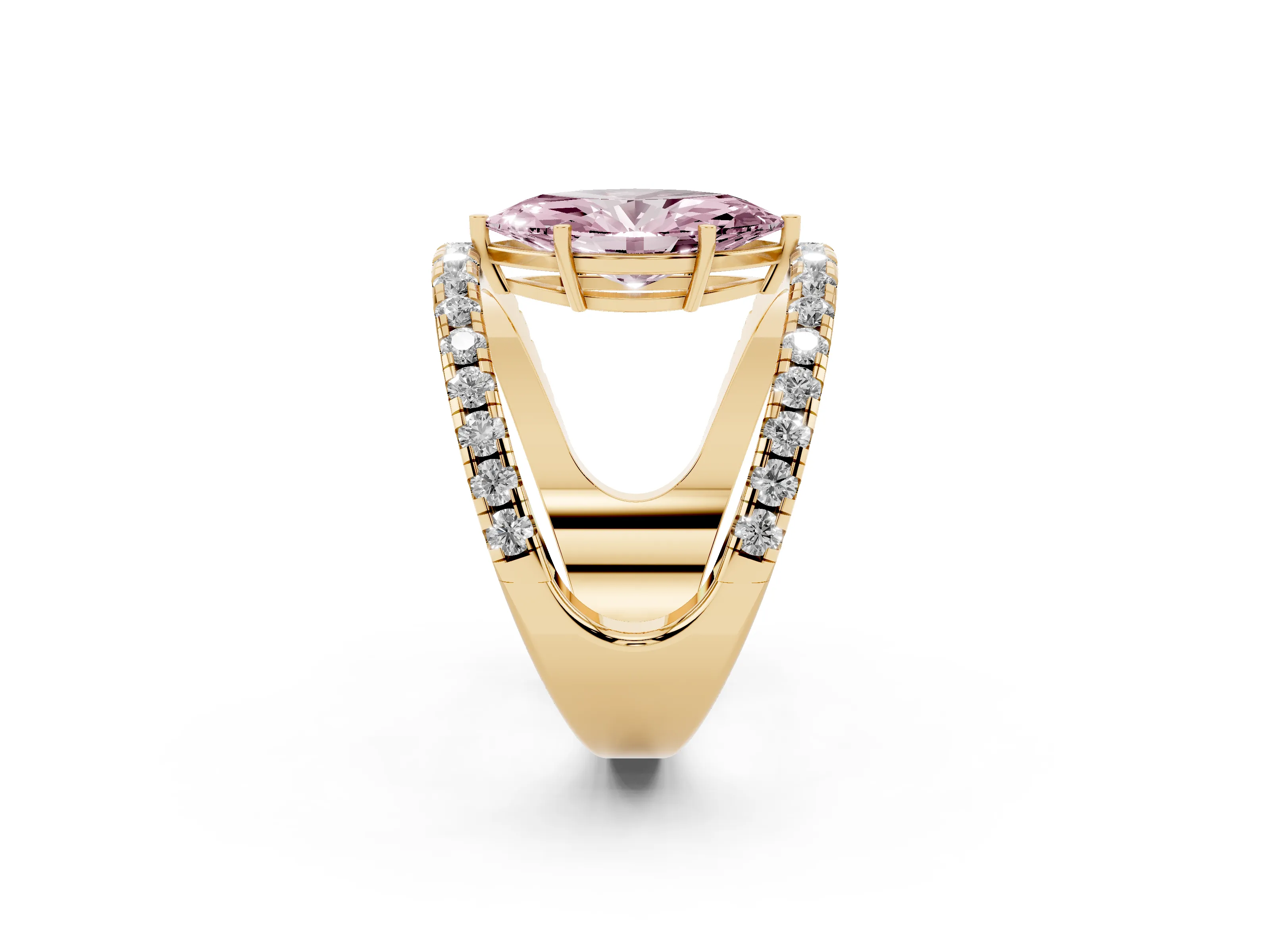 Fancy Pink Marquise Cut Diamond Split Shank Pavé Solitaire Ring Set in Yellow gold with Open Shank Design