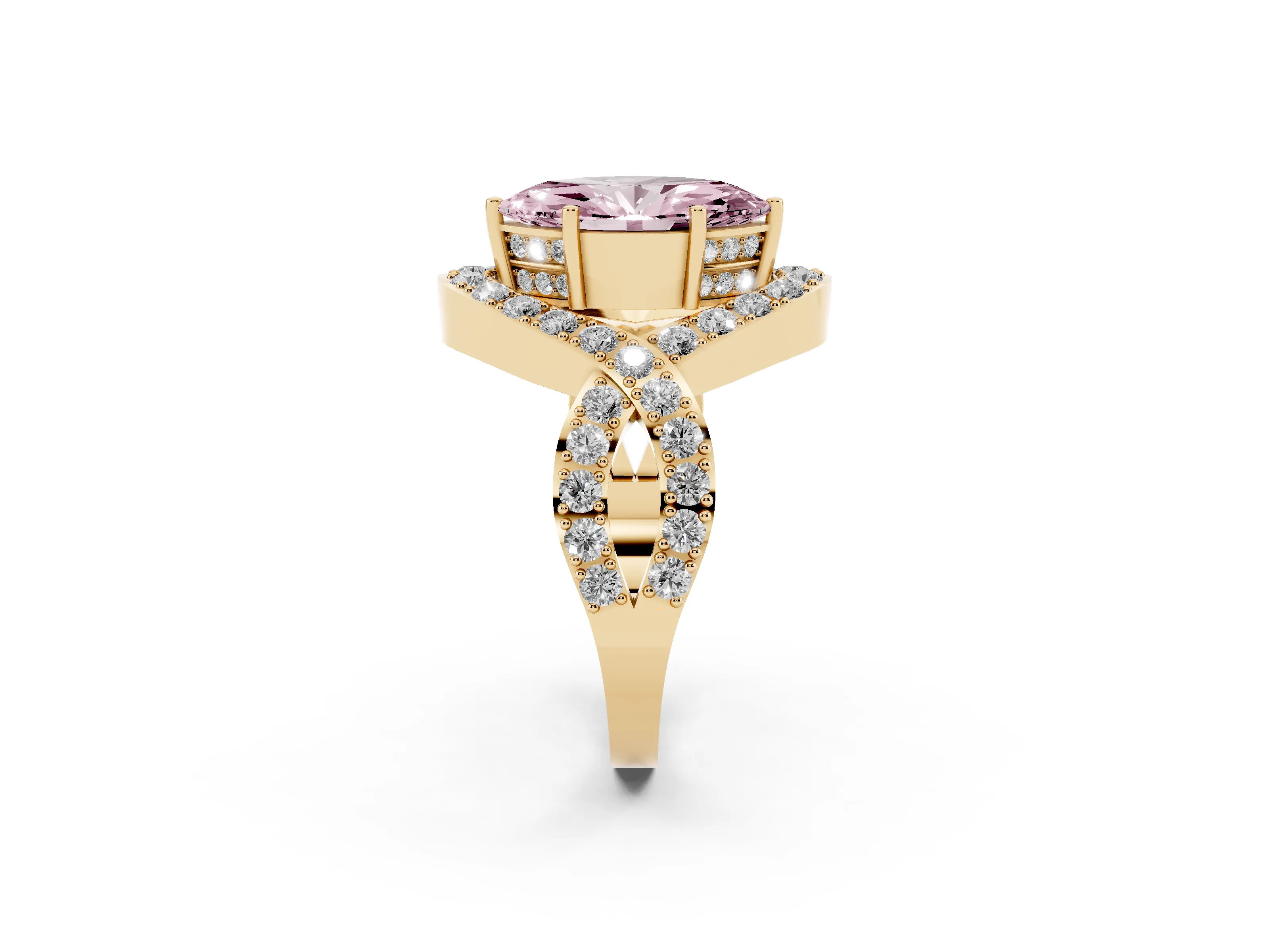 Fancy Pink Marquise Cut Diamond Solitaire Twist Band Pavé Engagement Ring Set in Yellow gold