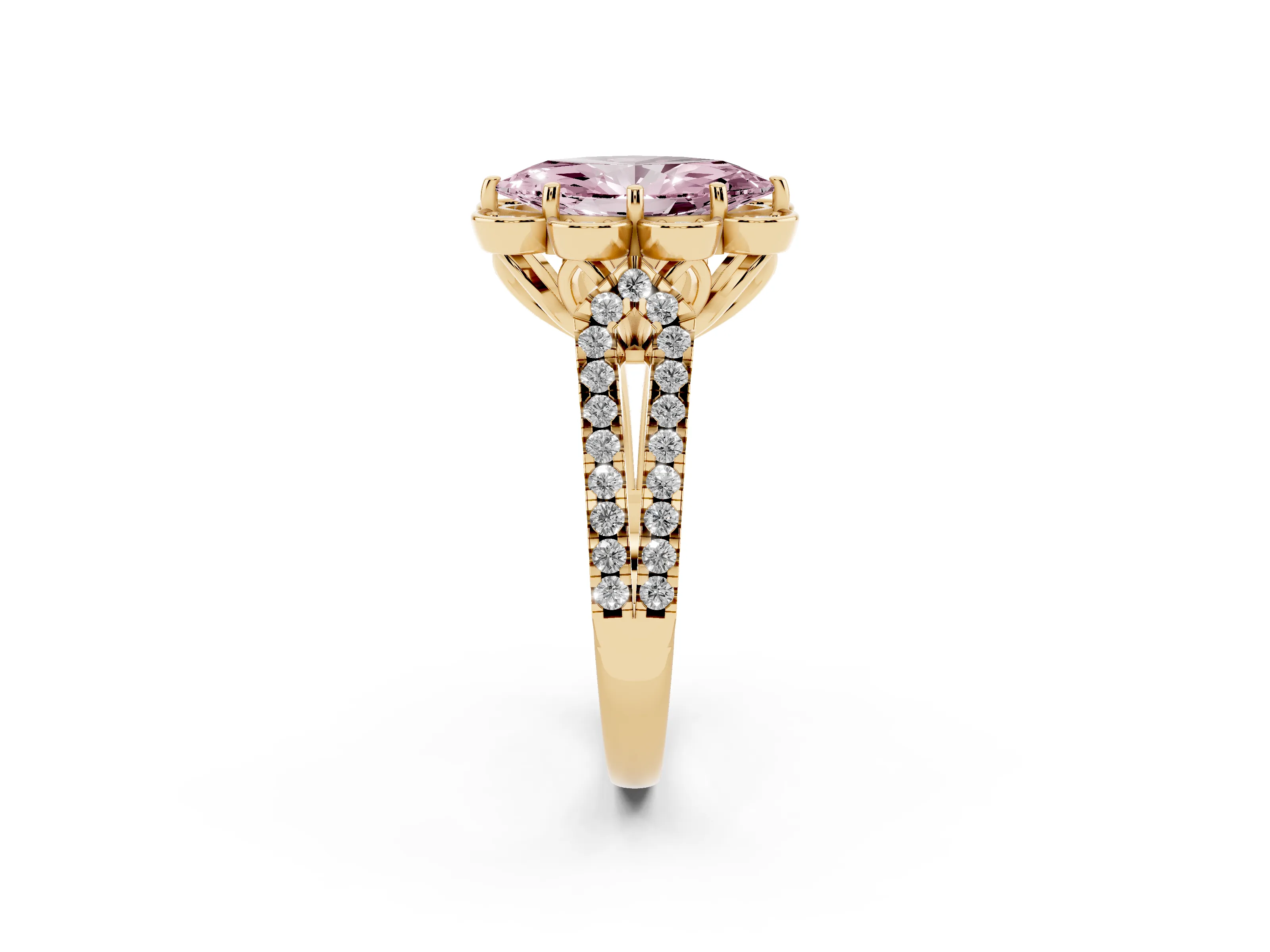 Fancy Pink Marquise Cut Diamond Floral Halo Split Shank Engagement Ring Set in Yellow gold with Pavé Shank