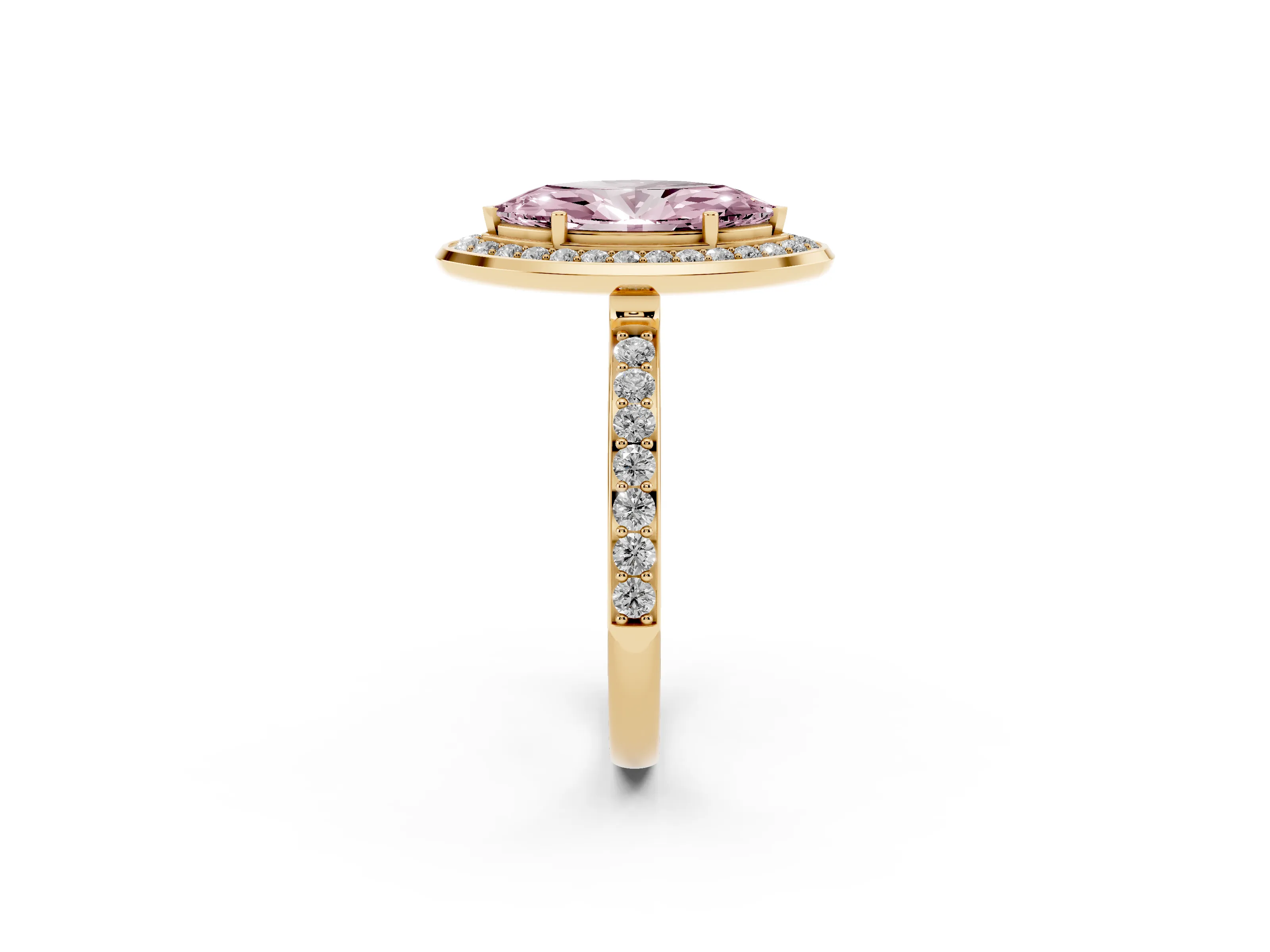 Fancy Pink Marquise Cut Diamond Halo Ring Set in Yellow gold with Bezel Frame and Pavé Band