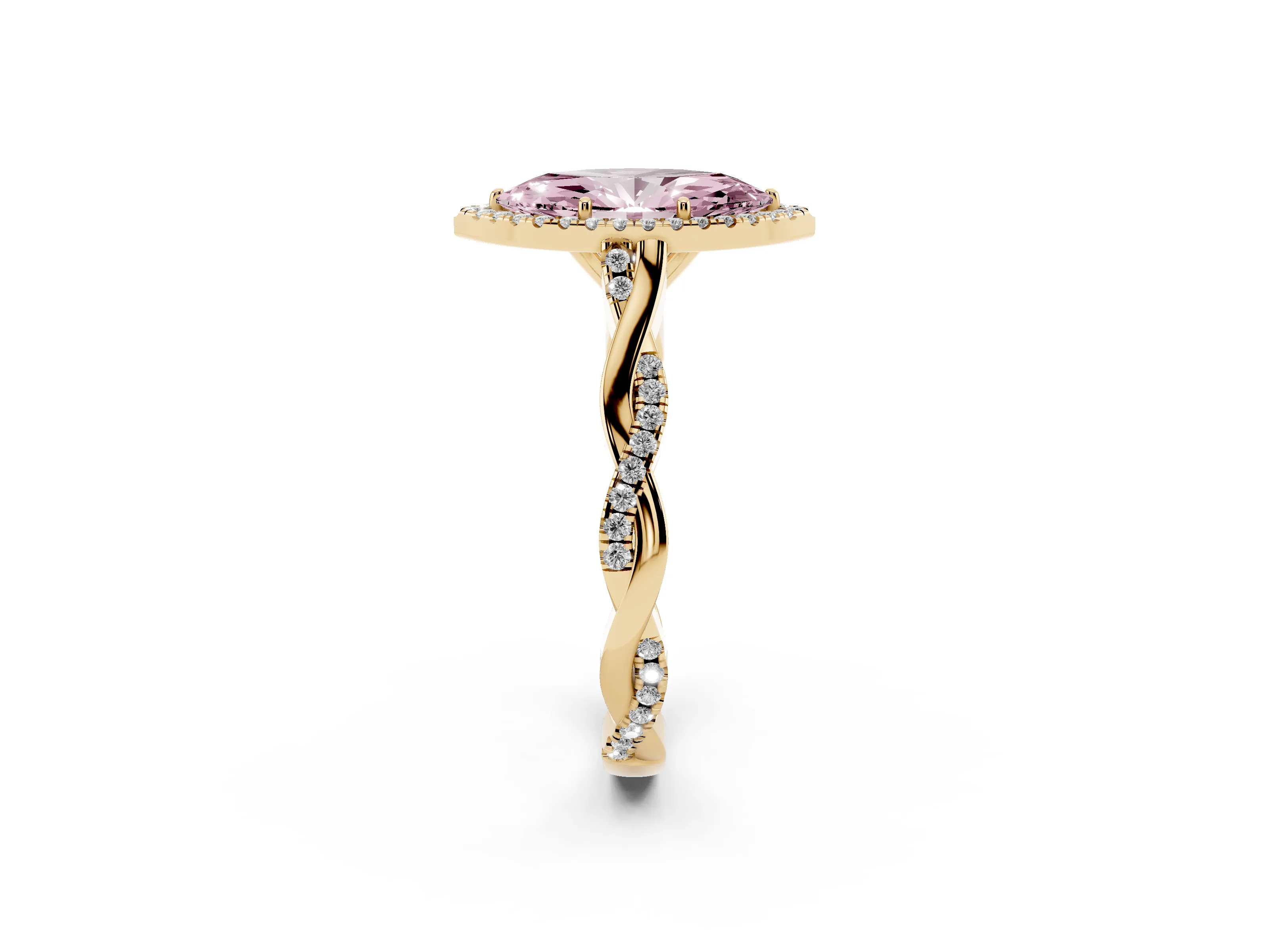 Fancy Pink Marquise Cut Diamond Halo Twist Band Solitaire Ring Set in Yellow gold with Prong Setting