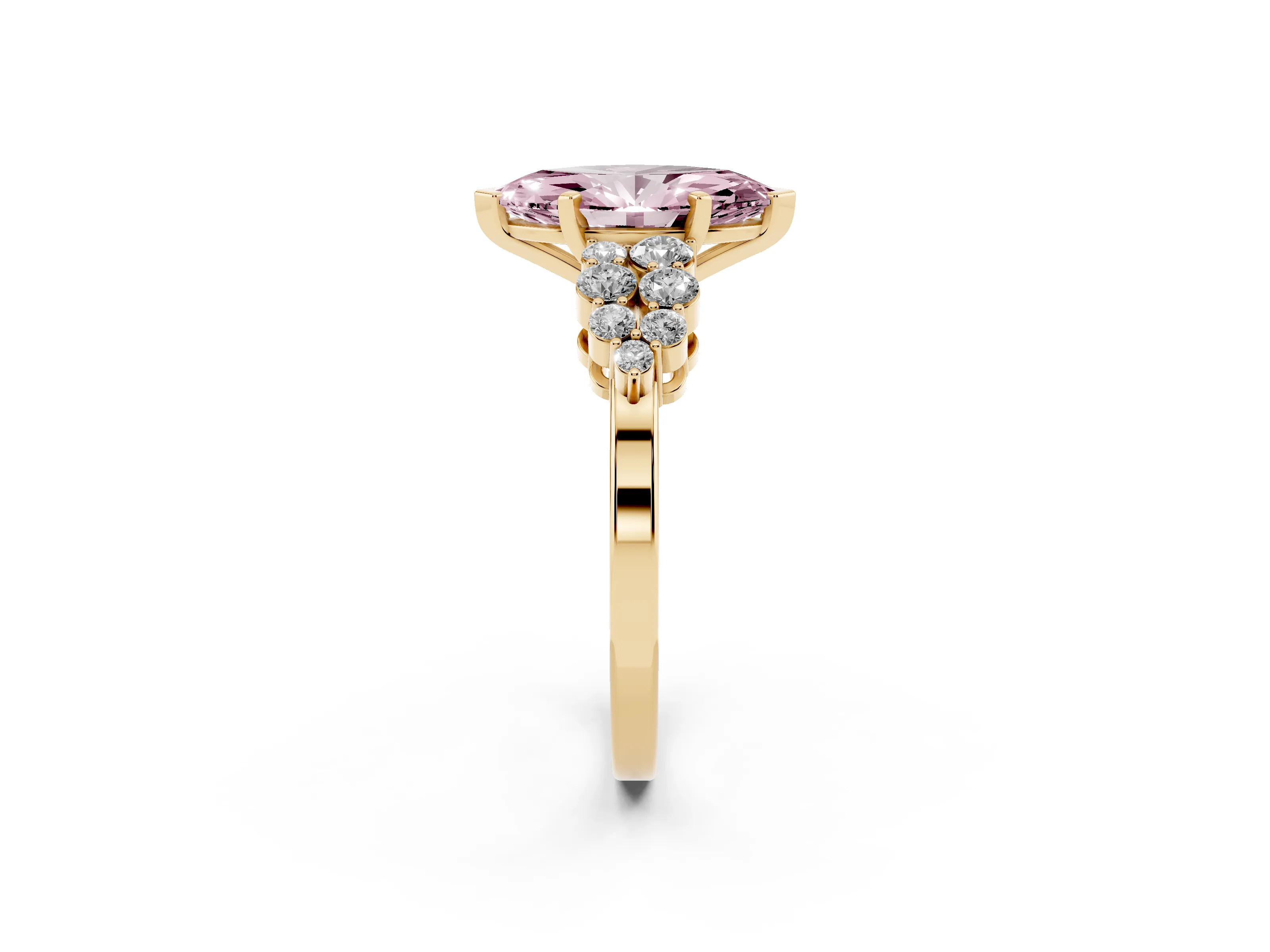 Fancy Pink Marquise Cut Diamond Cluster Engagement Ring Set in Yellow gold with Pavé Band and Prong Setting