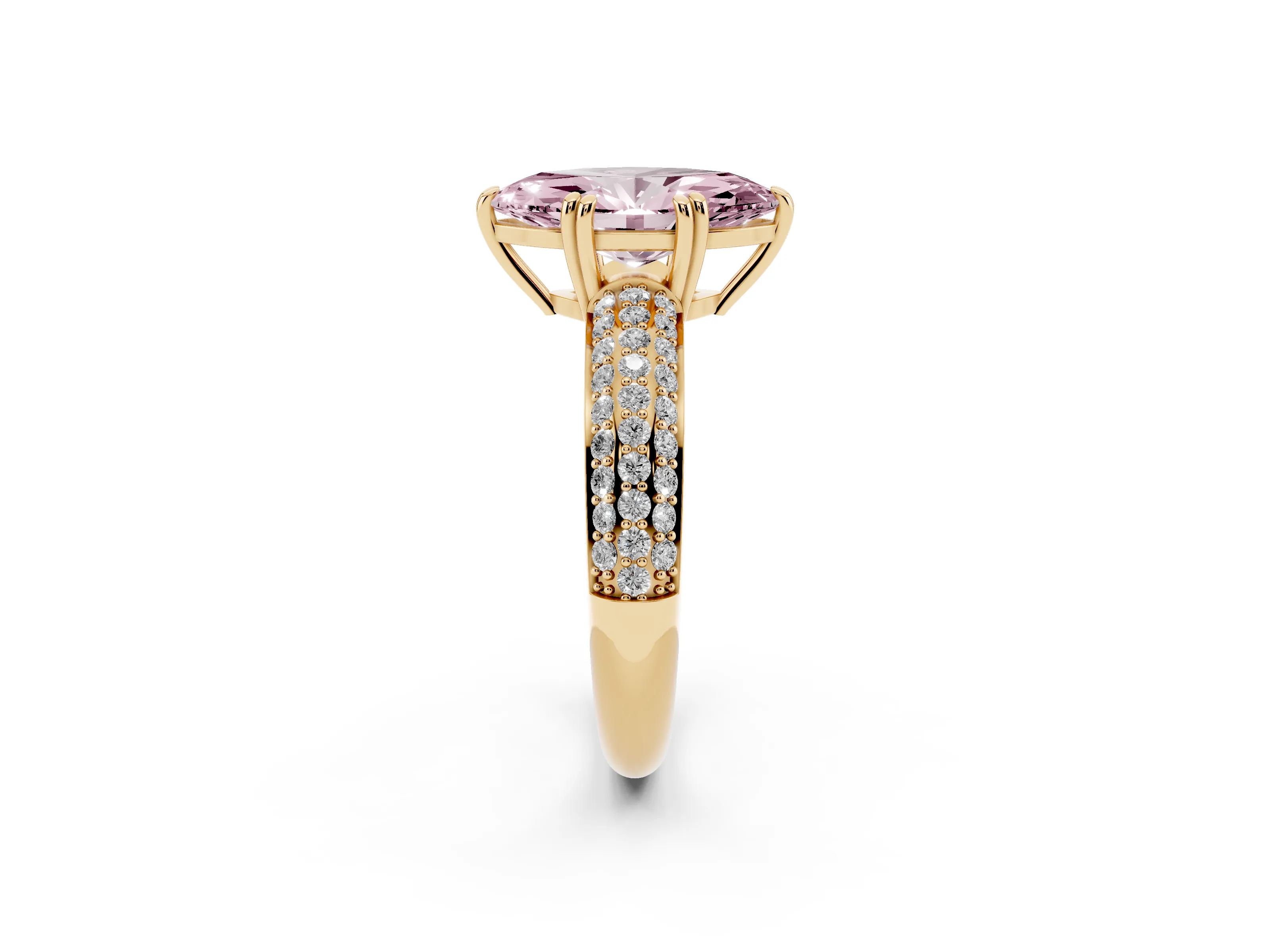 Fancy Pink Marquise Cut Diamond Solitaire Ring Set in Yellow gold with Multi-Row Round Pavé Band and Prong Setting